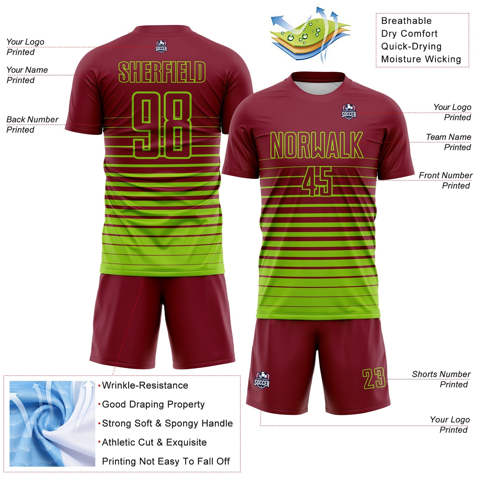 Custom Crimson Neon Green Gradient Pinstripe Sublimation Soccer Uniform Jersey view 4