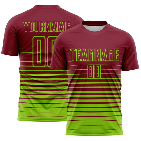 Custom Crimson Neon Green Gradient Pinstripe Sublimation Soccer Uniform Jersey - Main View