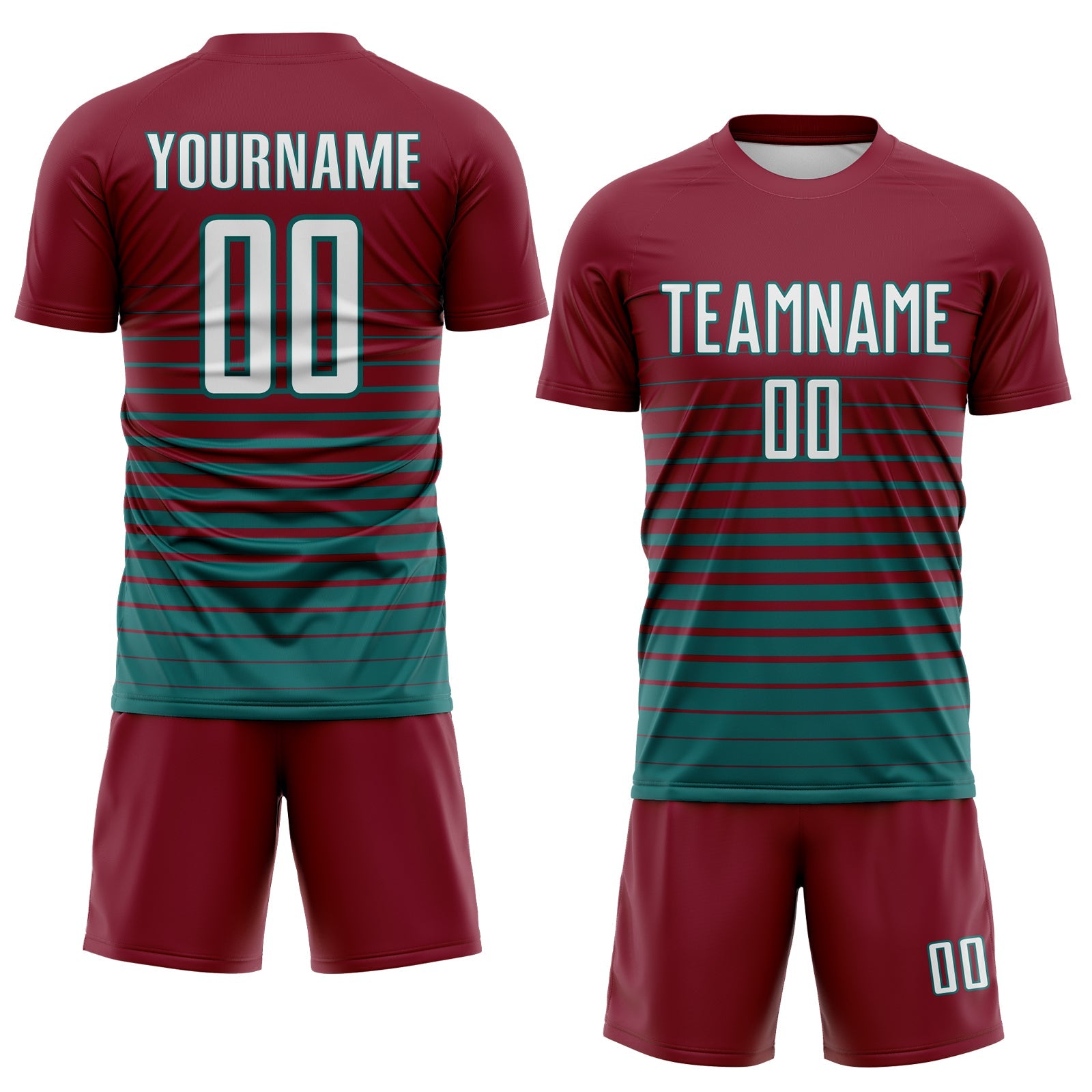 Custom Crimson White-Teal Gradient Pinstripe Sublimation Soccer Uniform Jersey view 2