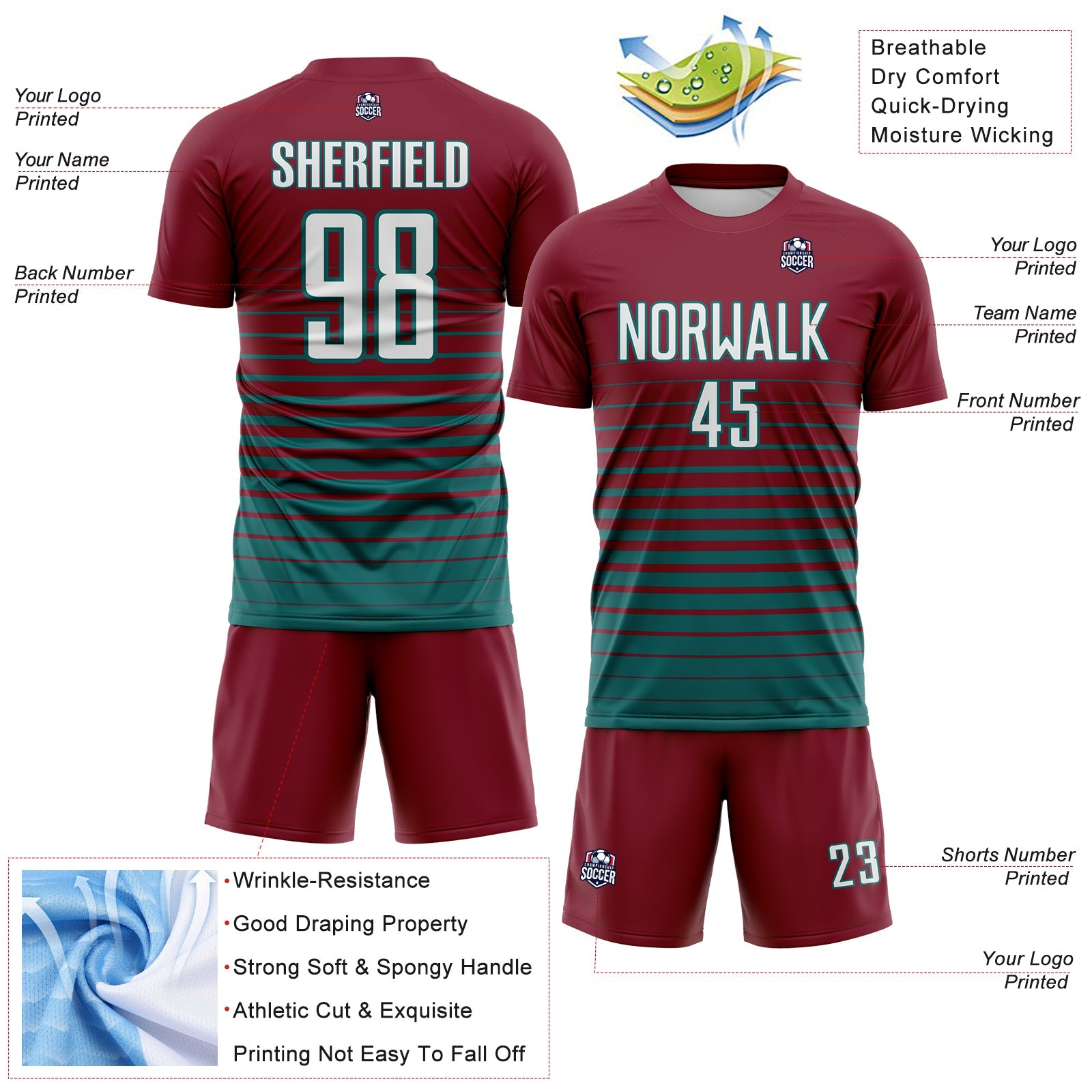 Custom Crimson White-Teal Gradient Pinstripe Sublimation Soccer Uniform Jersey view 4