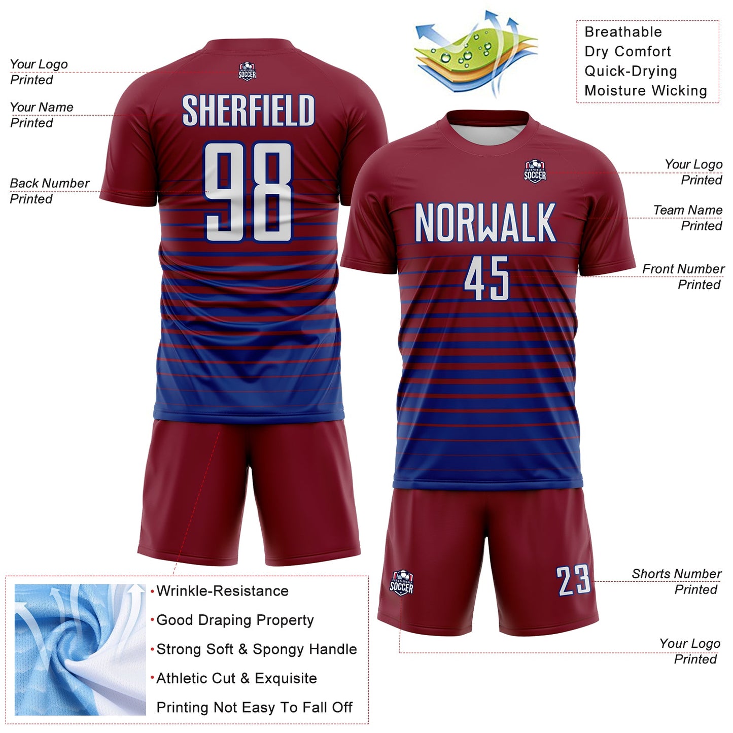 Custom Crimson White-Royal Gradient Pinstripe Sublimation Soccer Uniform Jersey view 4