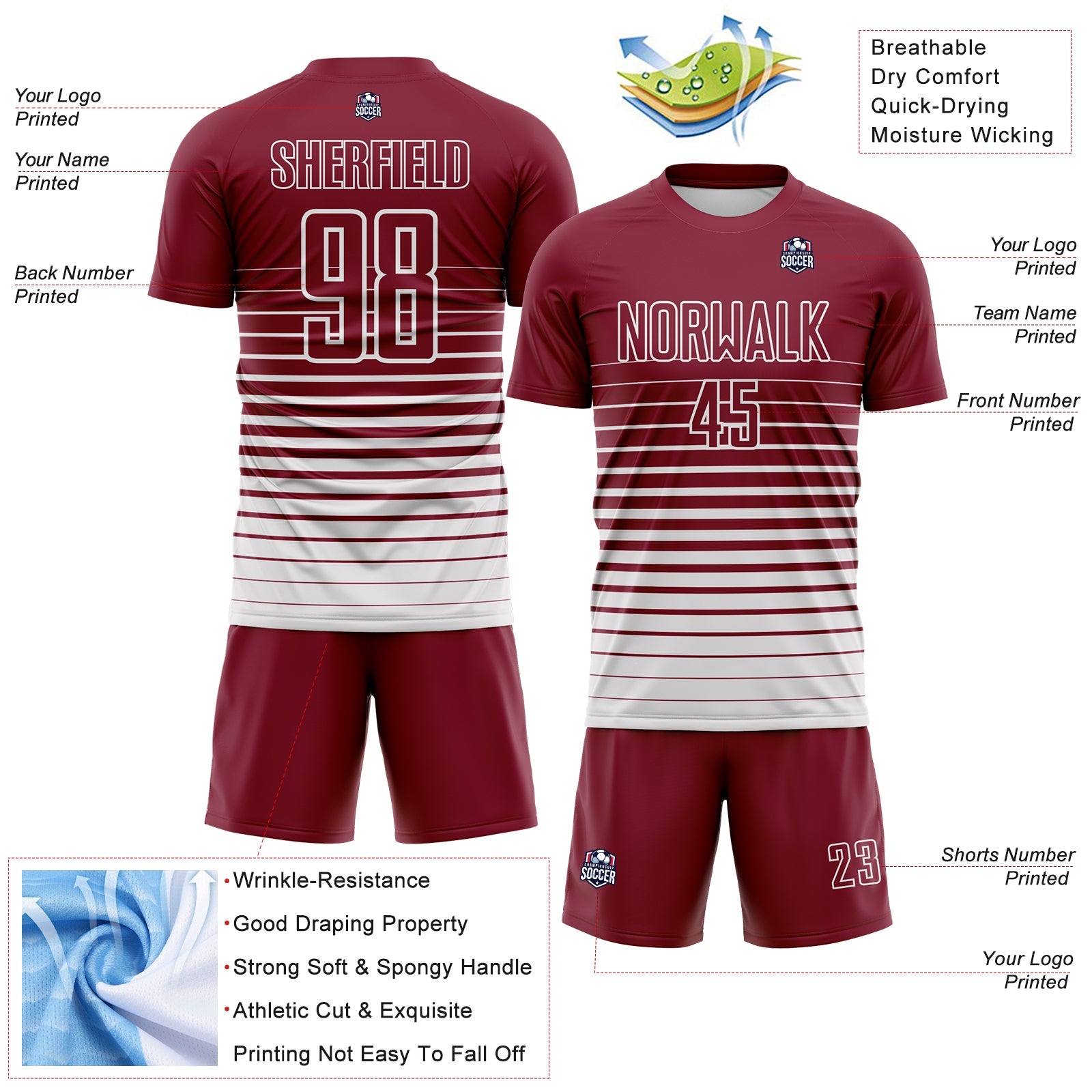 Custom Crimson White Gradient Pinstripe Sublimation Soccer Uniform Jersey view 4