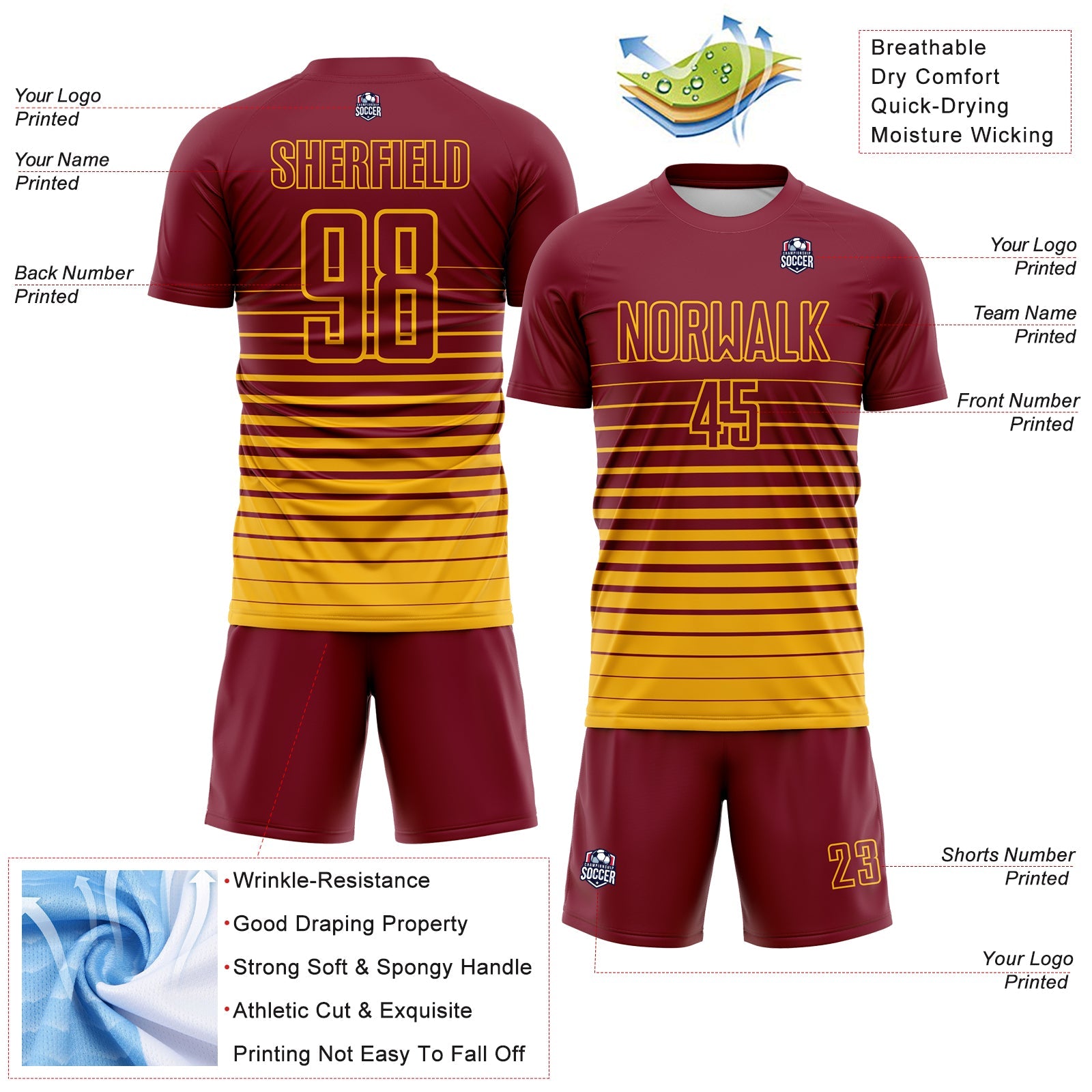 Custom Crimson Gold Gradient Pinstripe Sublimation Soccer Uniform Jersey view 4
