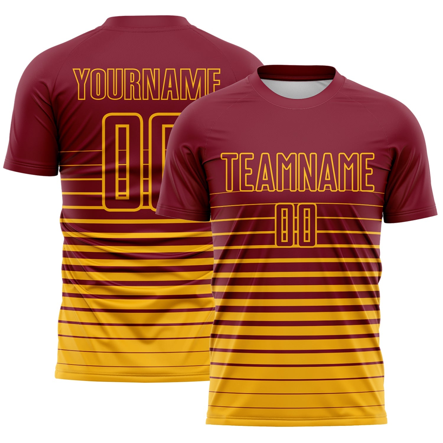 Custom Crimson Gold Gradient Pinstripe Sublimation Soccer Uniform Jersey - Main View
