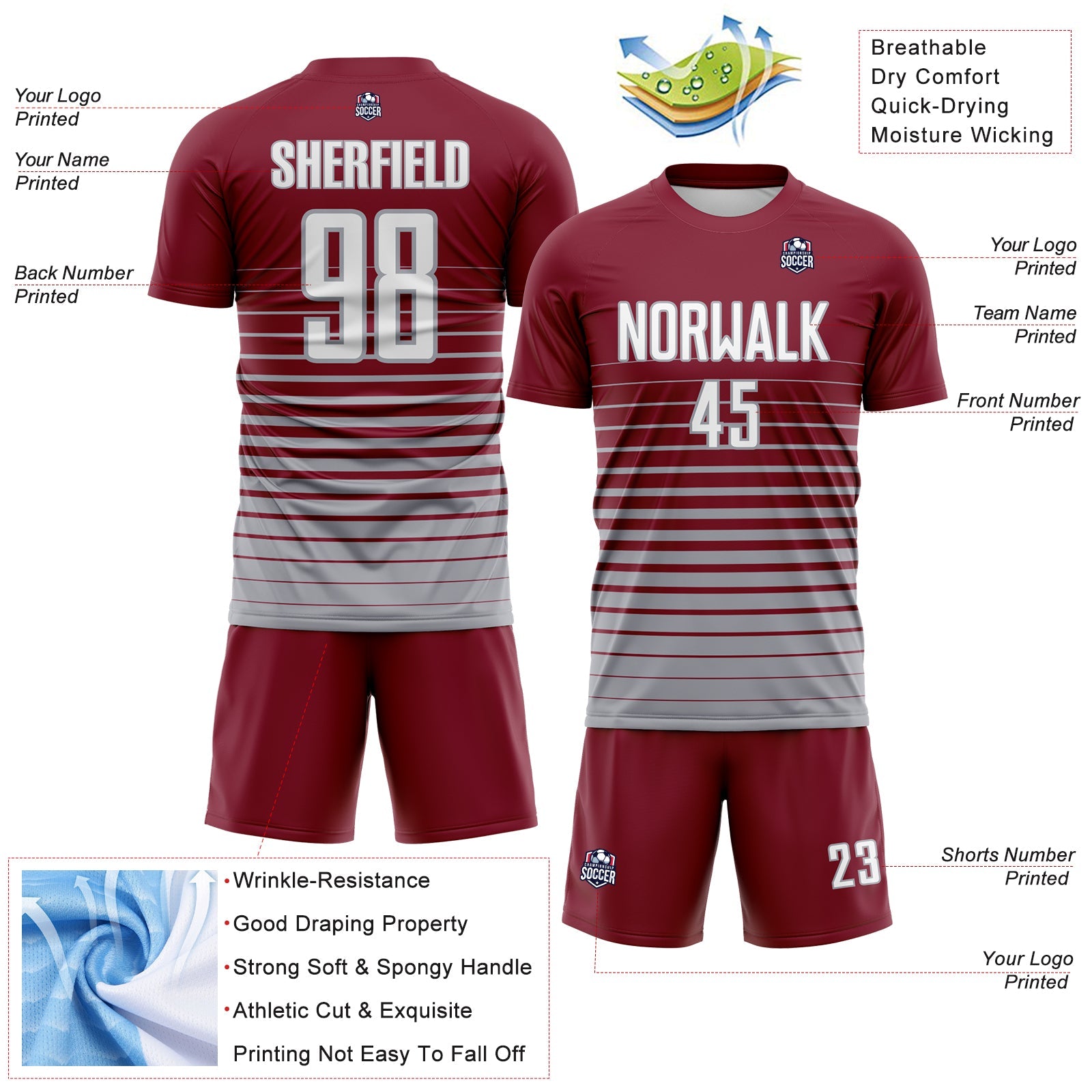 Custom Crimson White-Gray Gradient Pinstripe Sublimation Soccer Uniform Jersey view 4