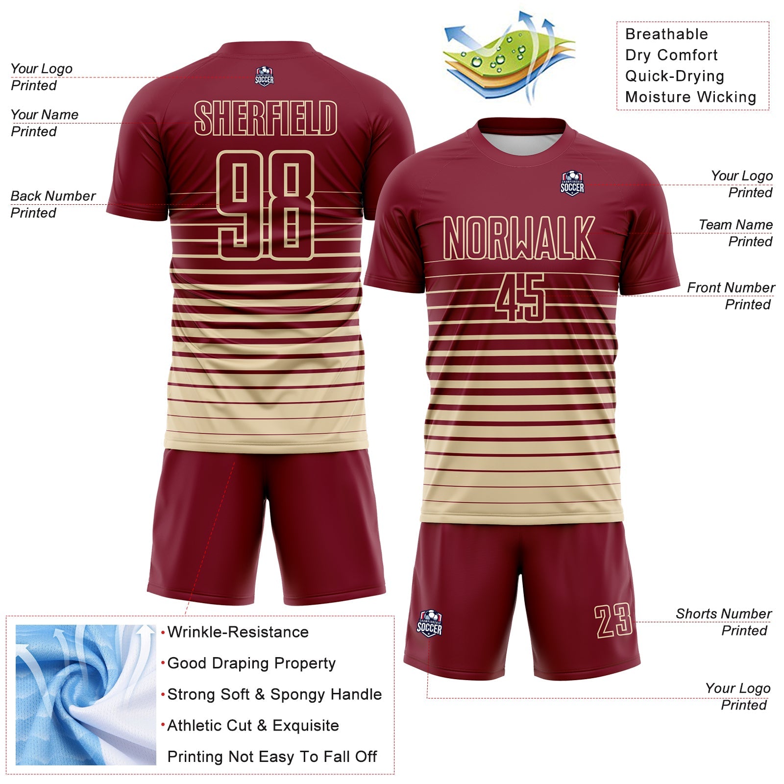 Custom Crimson Cream Gradient Pinstripe Sublimation Soccer Uniform Jersey view 4