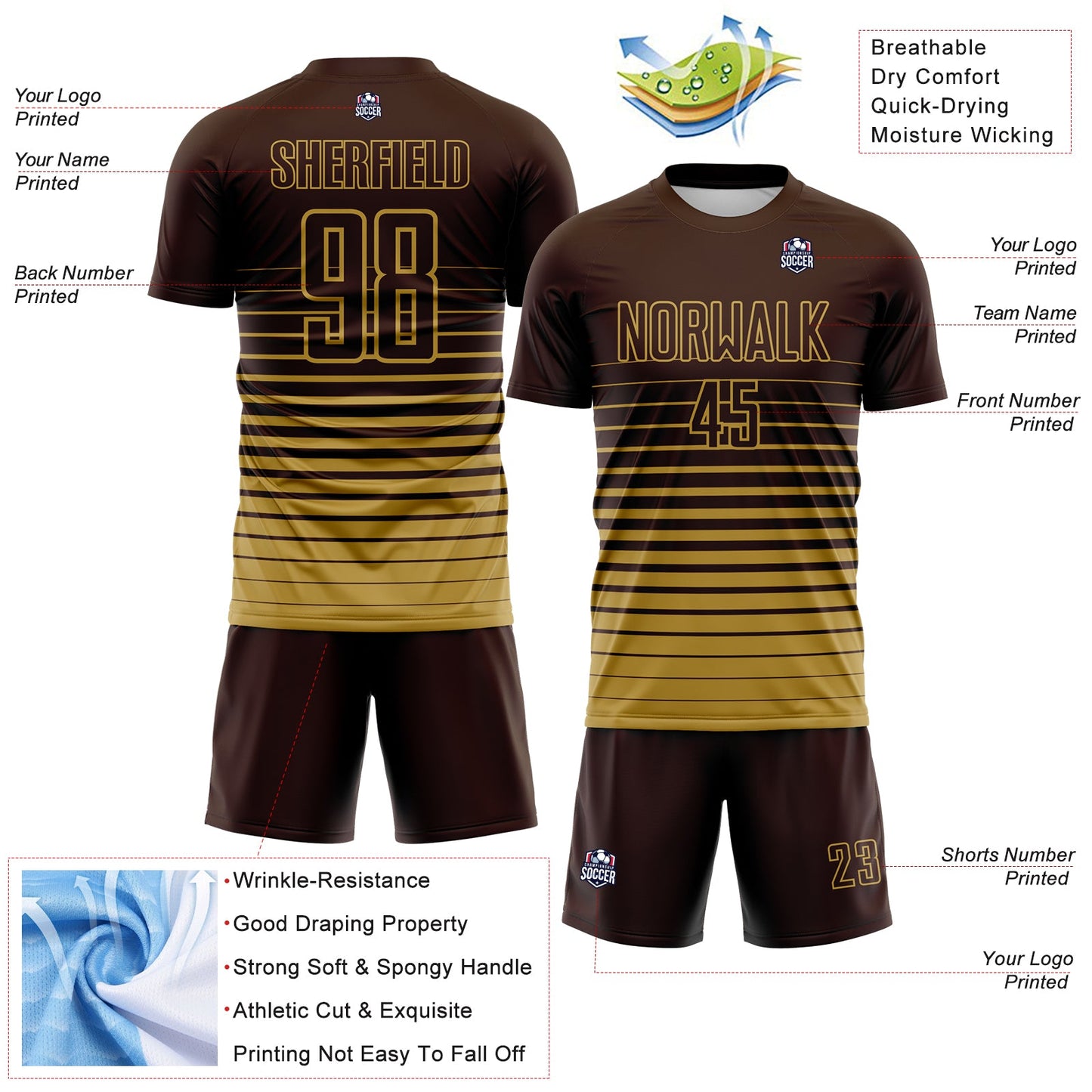 Custom Brown Old Gold Gradient Pinstripe Sublimation Soccer Uniform Jersey view 4