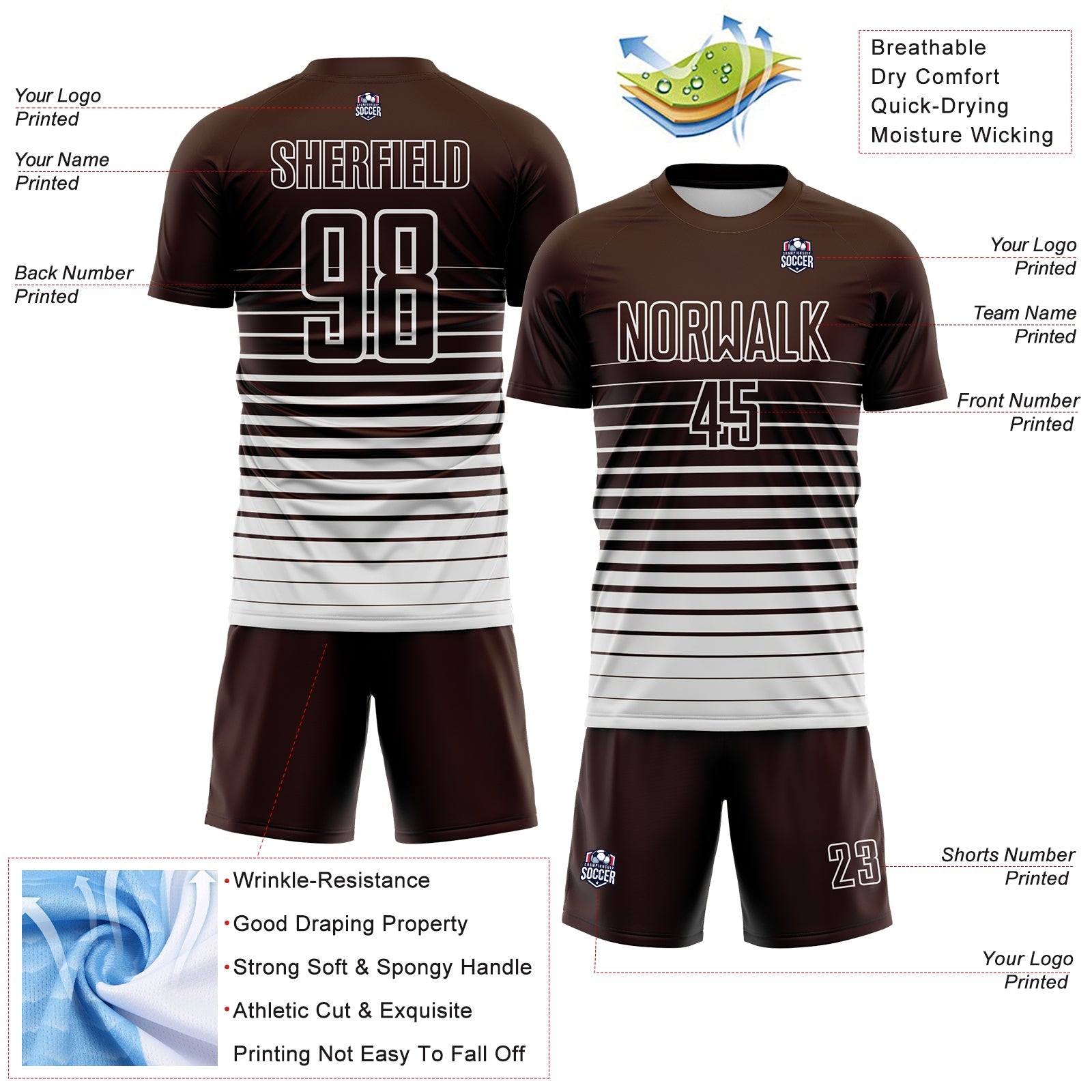 Custom Brown White Gradient Pinstripe Sublimation Soccer Uniform Jersey view 4