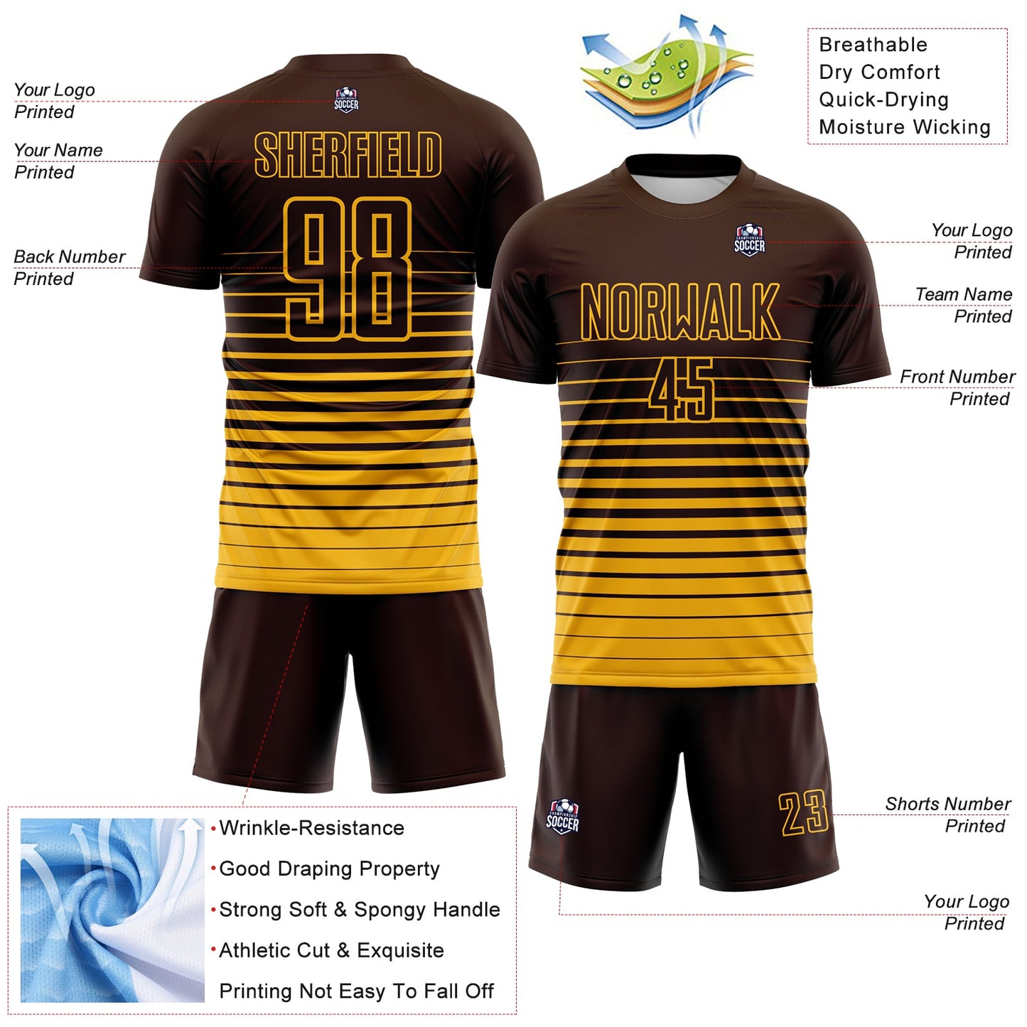 Custom Brown Gold Gradient Pinstripe Sublimation Soccer Uniform Jersey view 4