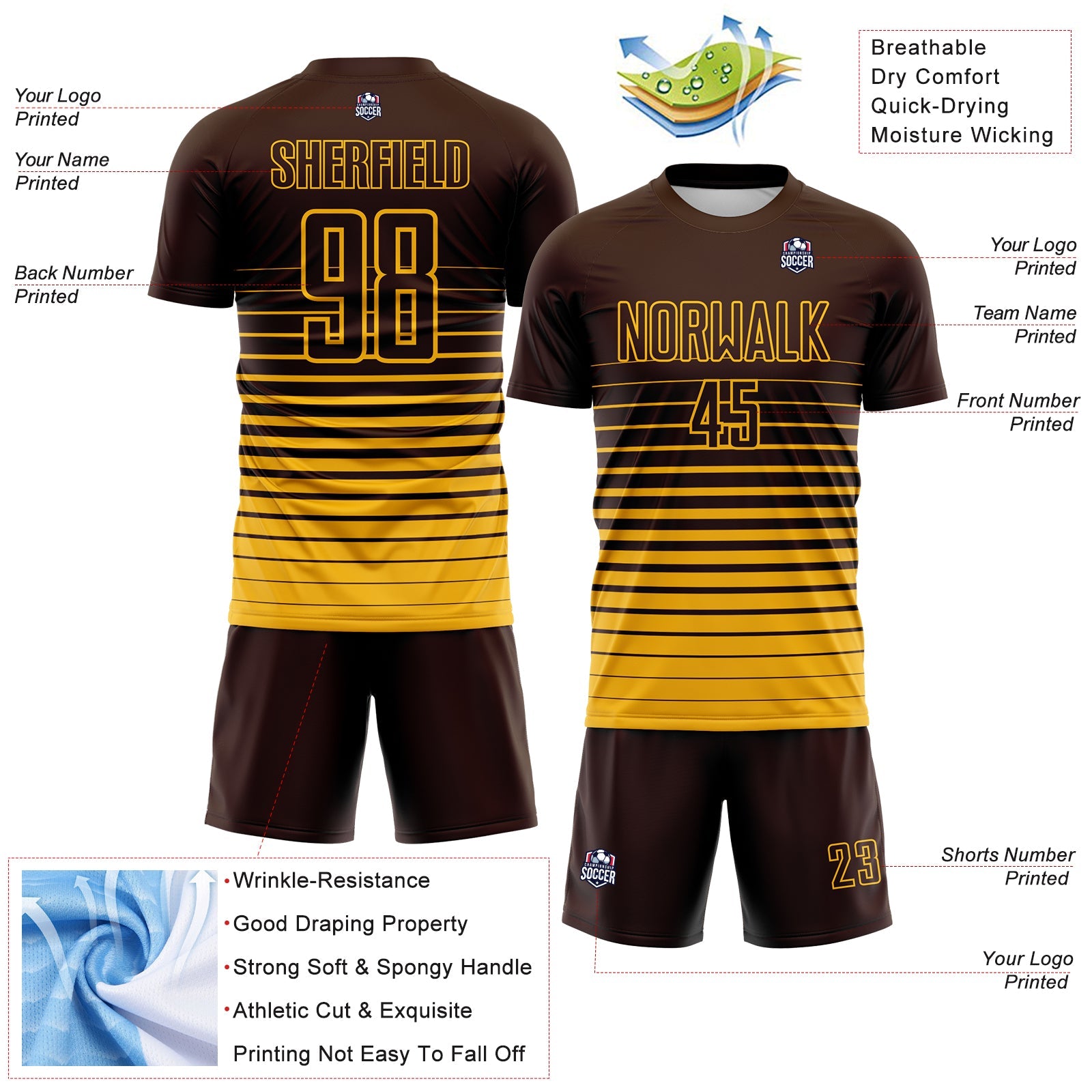 Custom Brown Gold Gradient Pinstripe Sublimation Soccer Uniform Jersey view 4