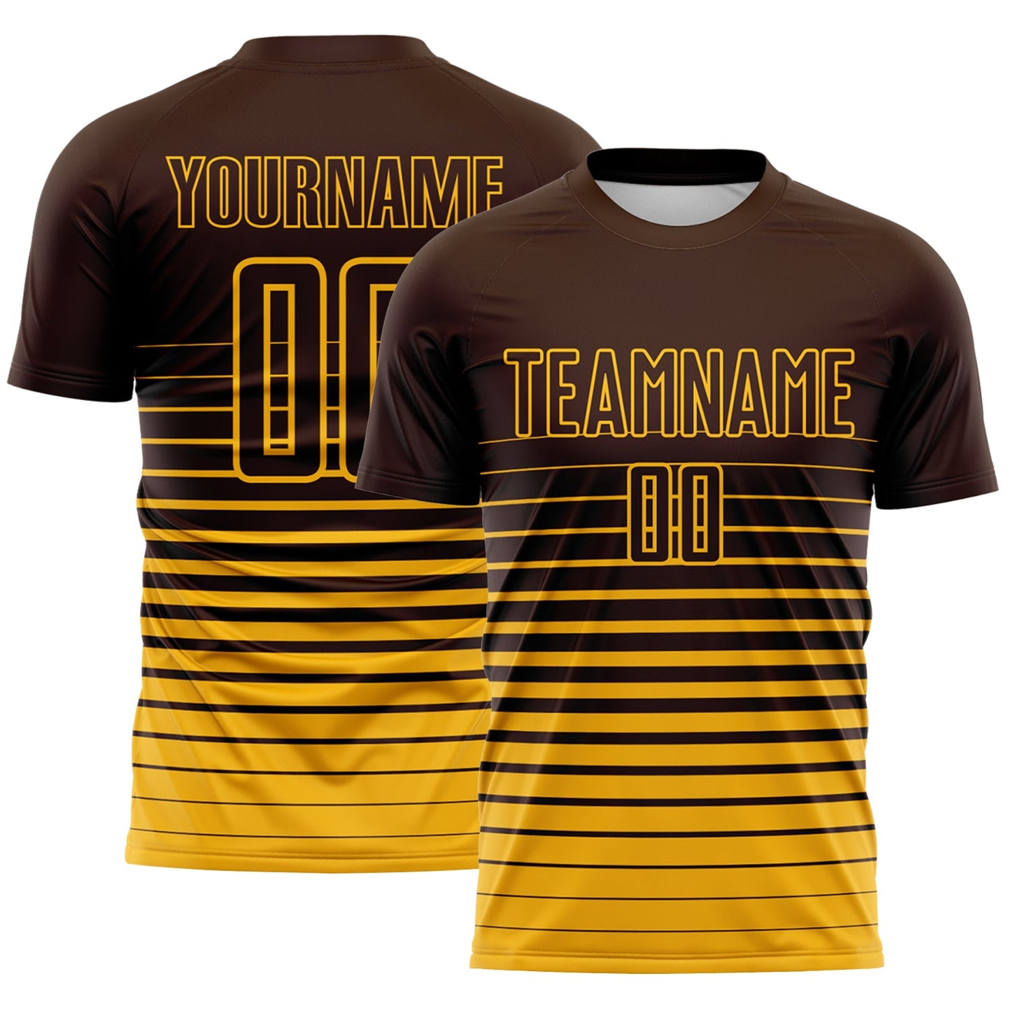 Custom Brown Gold Gradient Pinstripe Sublimation Soccer Uniform Jersey - Main View