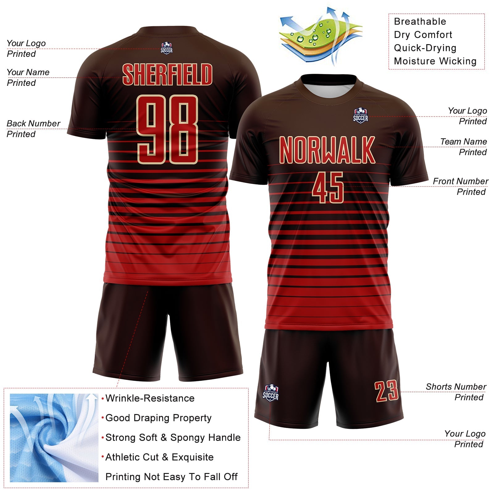 Custom Brown Red-Cream Gradient Pinstripe Sublimation Soccer Uniform Jersey view 4