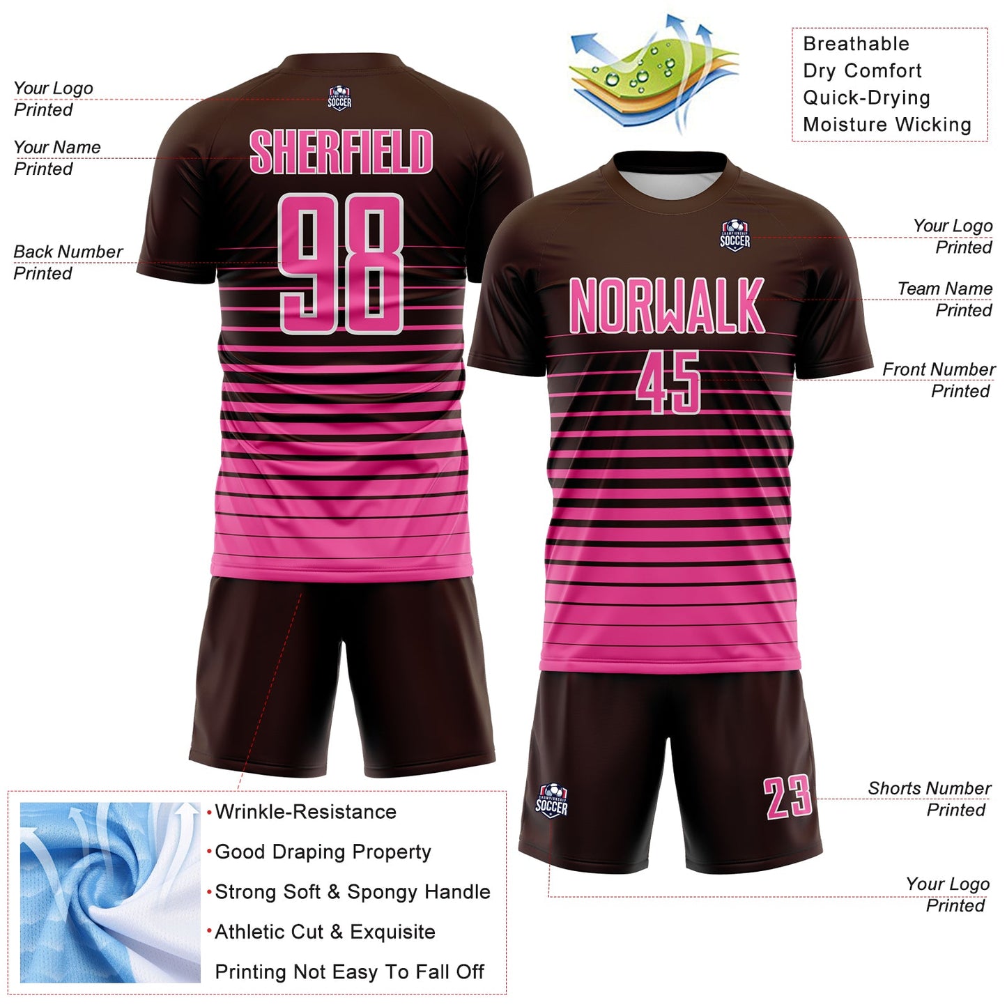 Custom Brown Pink-White Gradient Pinstripe Sublimation Soccer Uniform Jersey view 4