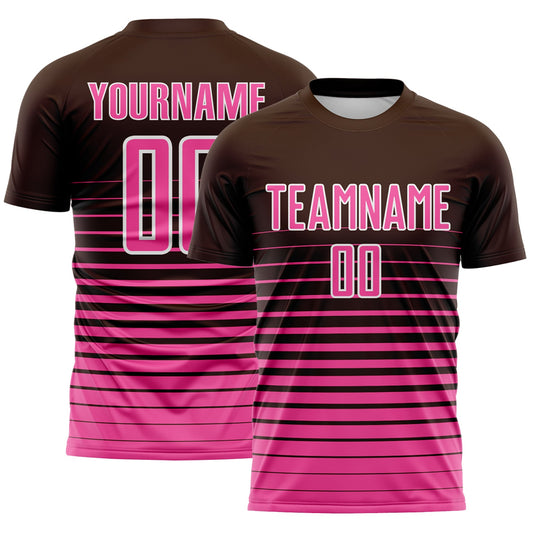 Custom Brown Pink-White Gradient Pinstripe Sublimation Soccer Uniform Jersey - Main View