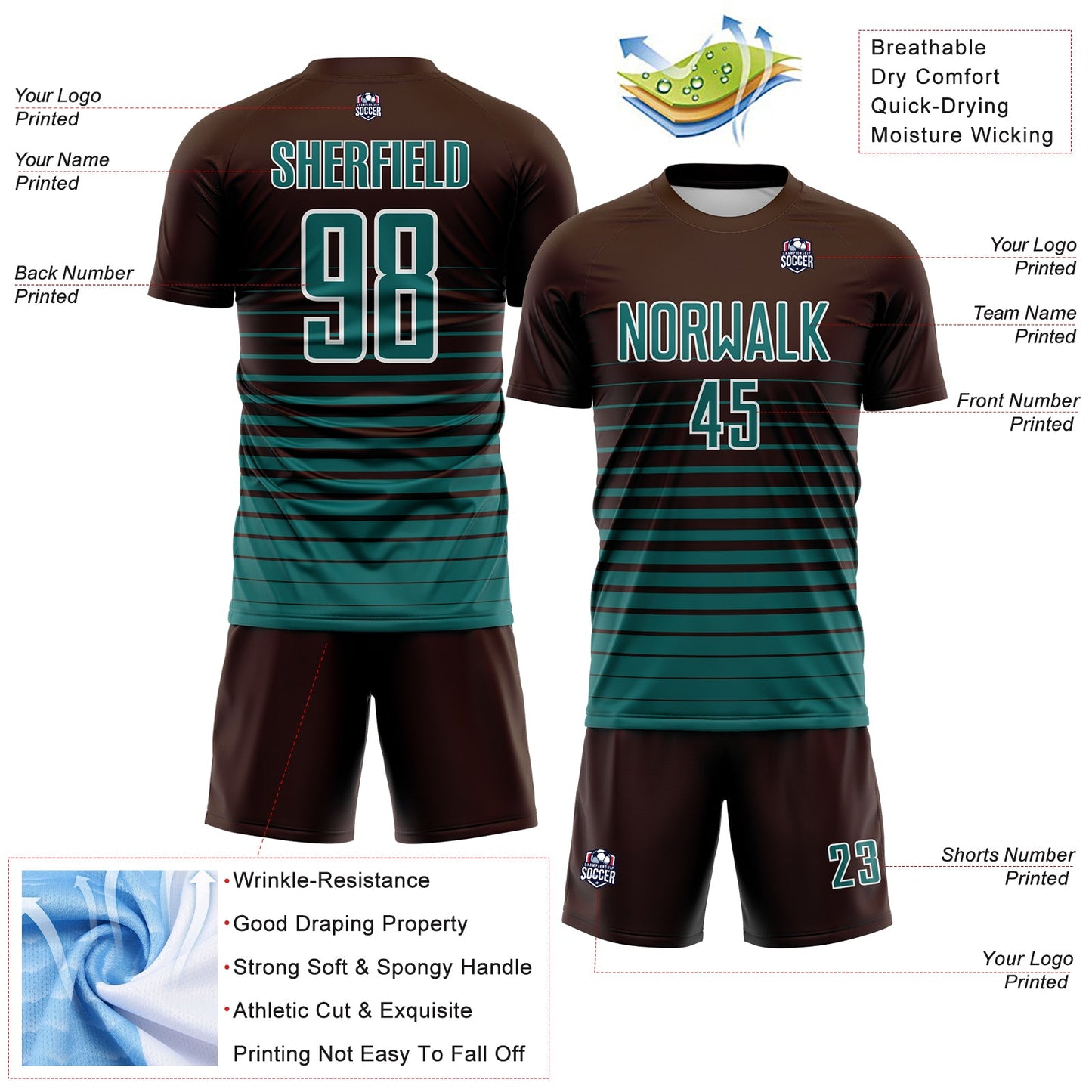 Custom Brown Teal-White Gradient Pinstripe Sublimation Soccer Uniform Jersey view 4