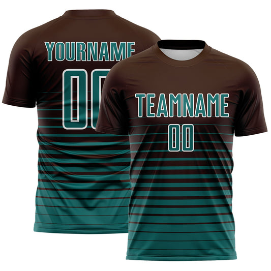 Custom Brown Teal-White Gradient Pinstripe Sublimation Soccer Uniform Jersey - Main View