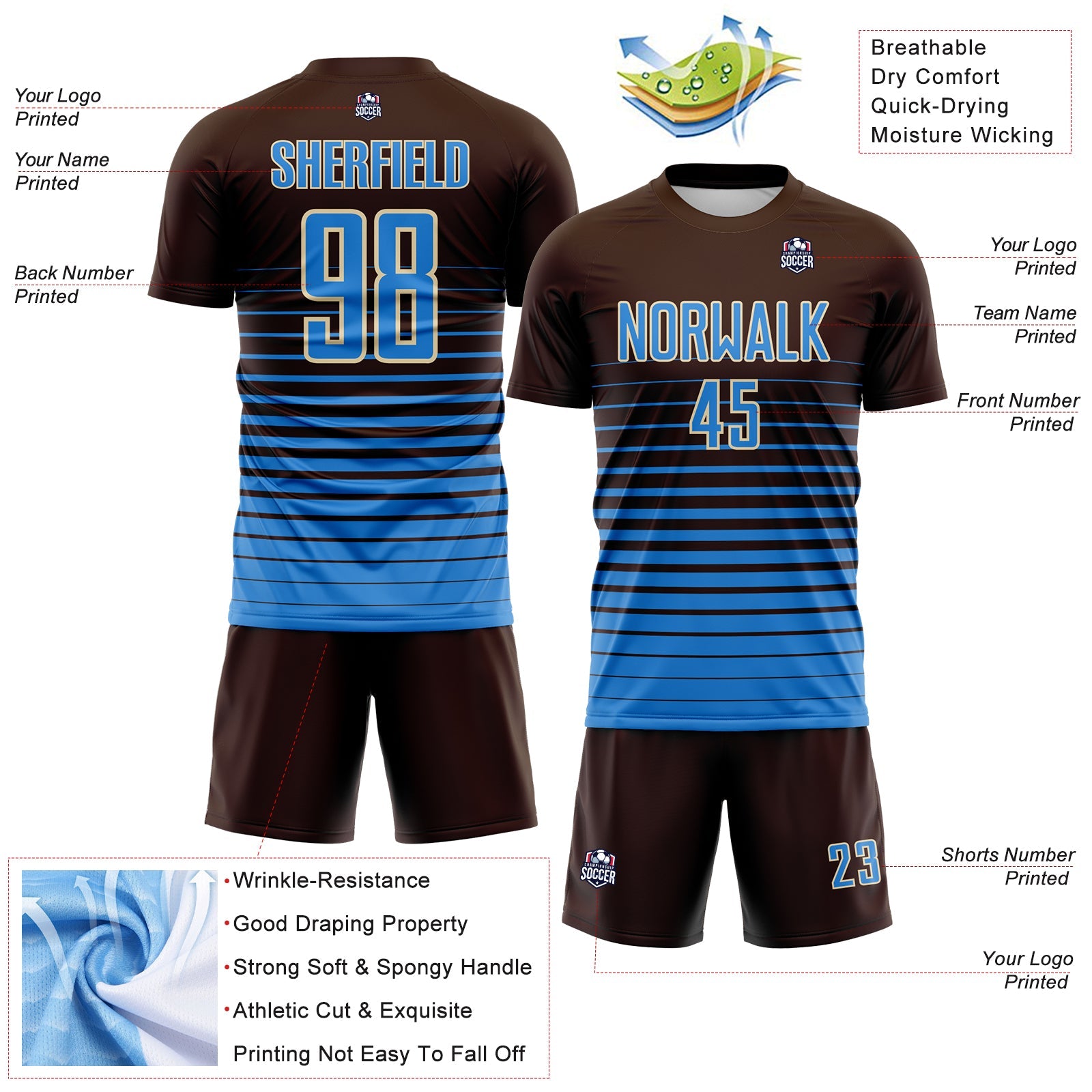 Custom Brown Powder Blue-Cream Gradient Pinstripe Sublimation Soccer Uniform Jersey view 4