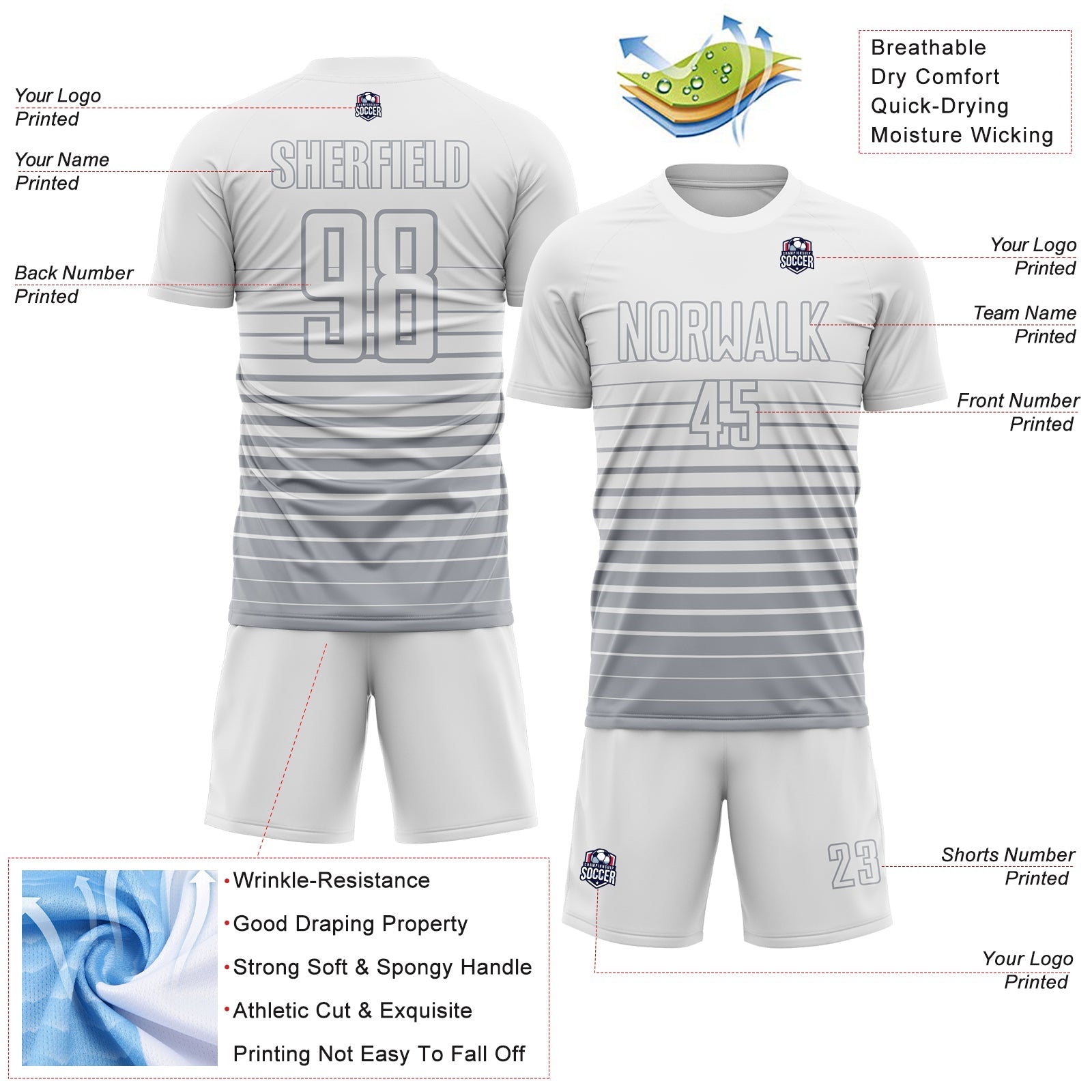 Custom White Gray Gradient Pinstripe Sublimation Soccer Uniform Jersey view 4