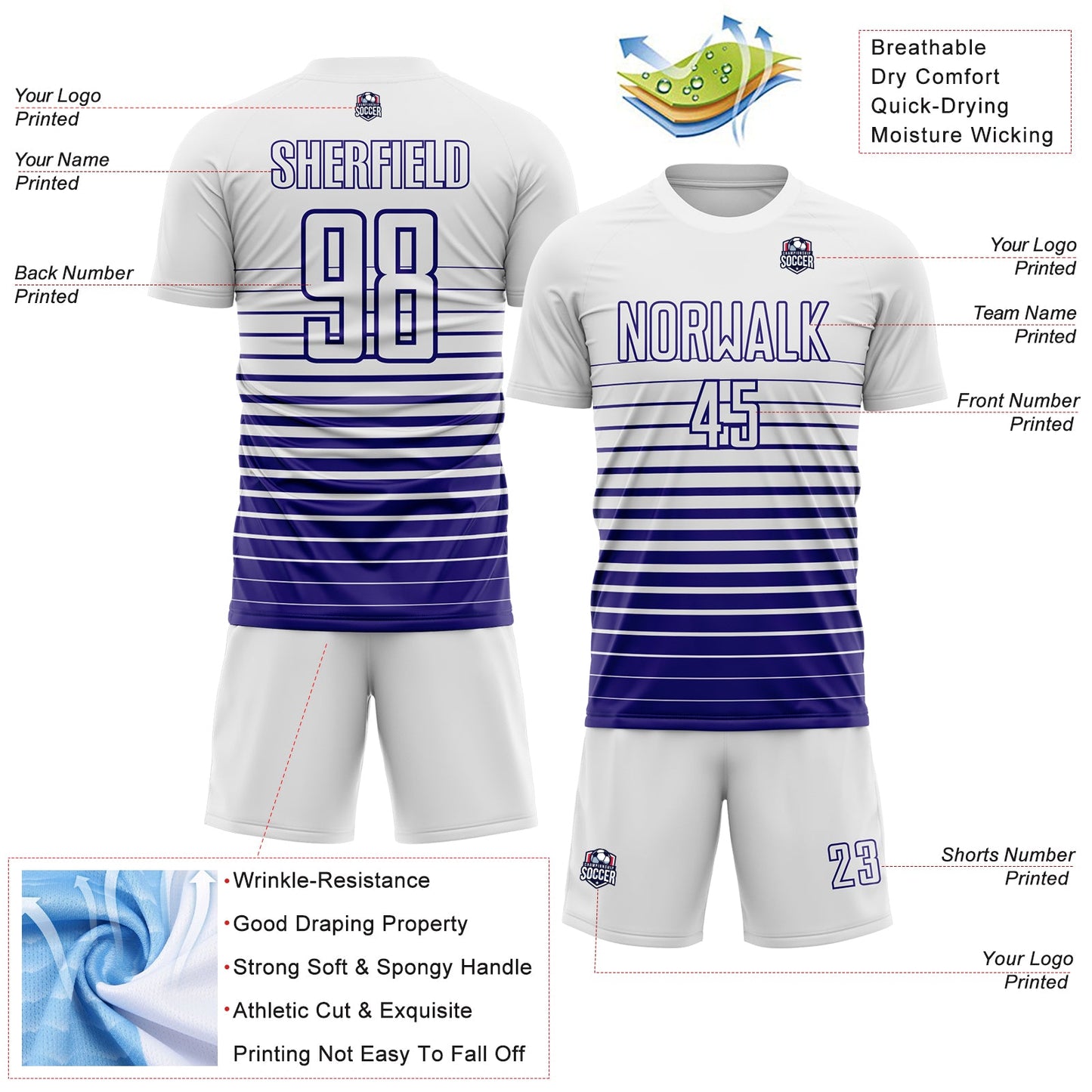 Custom White Dark Purple Gradient Pinstripe Sublimation Soccer Uniform Jersey view 4