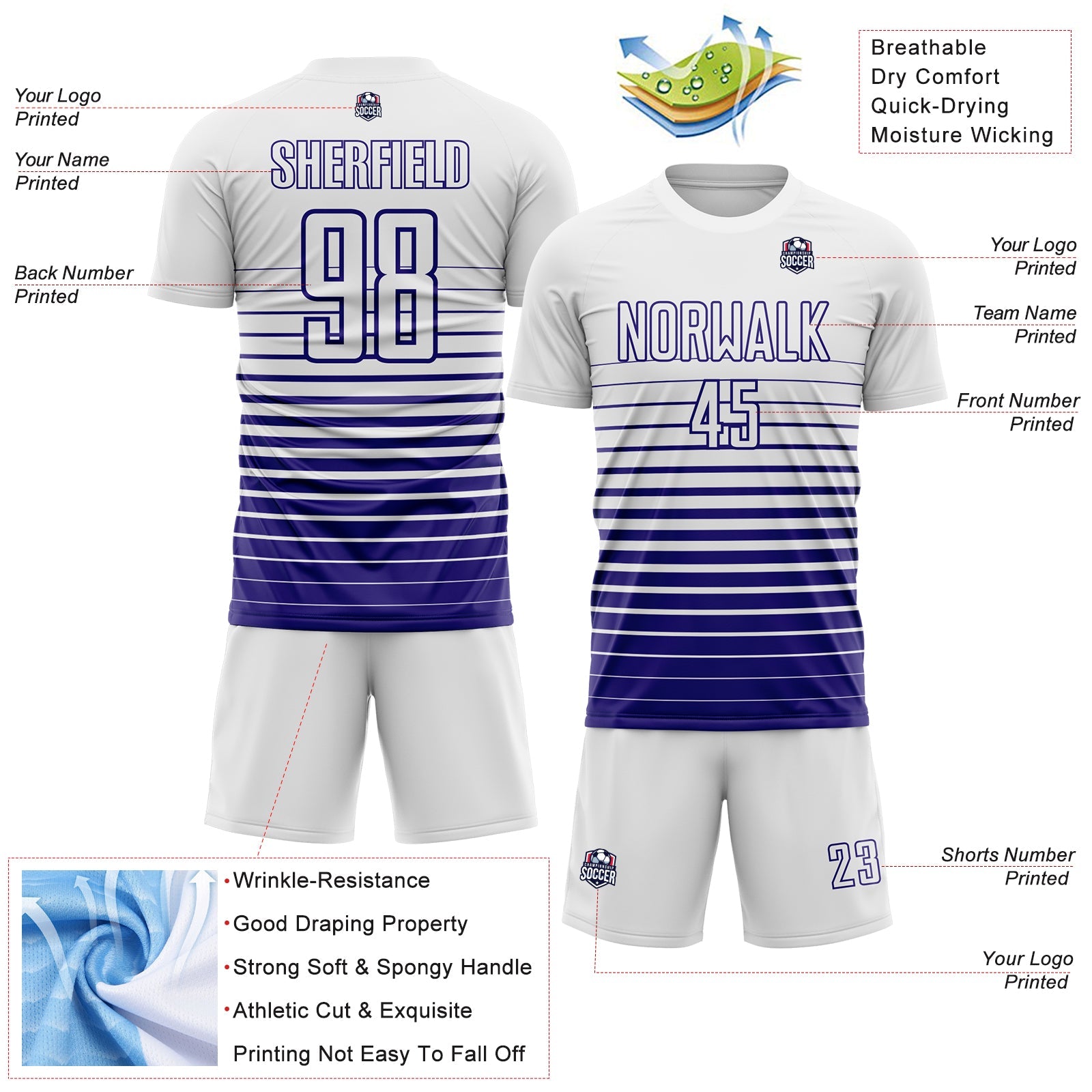 Custom White Dark Purple Gradient Pinstripe Sublimation Soccer Uniform Jersey view 4