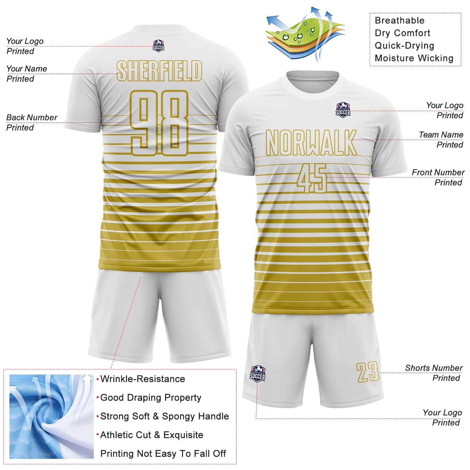 Custom White Old Gold Gradient Pinstripe Sublimation Soccer Uniform Jersey view 4