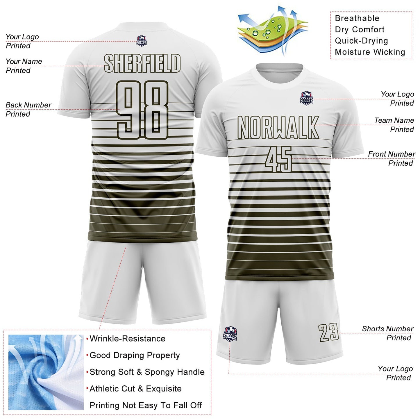 Custom White Olive Gradient Pinstripe Sublimation Soccer Uniform Jersey view 4