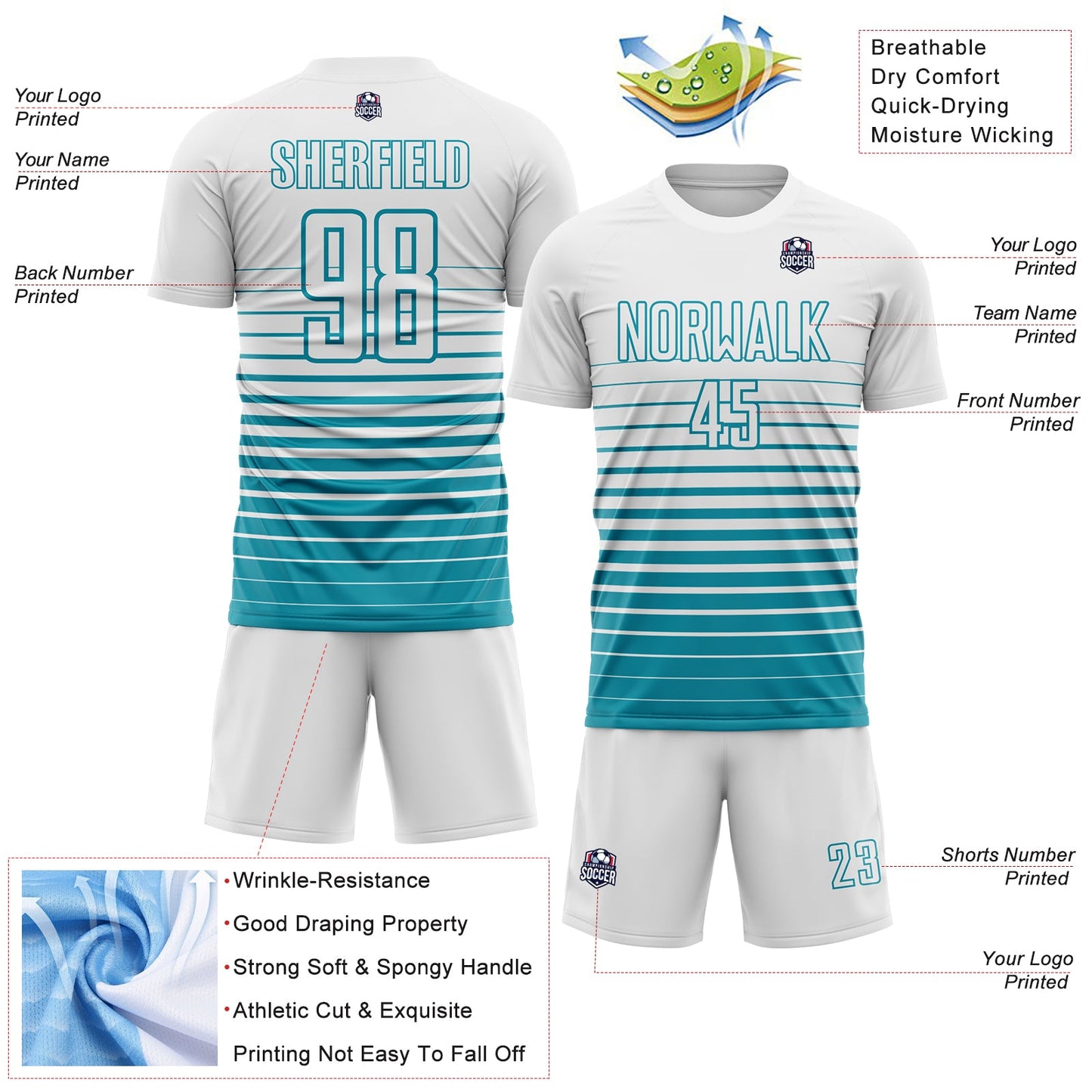 Custom White Teal Gradient Pinstripe Sublimation Soccer Uniform Jersey view 4