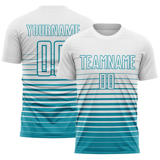 Custom White Teal Gradient Pinstripe Sublimation Soccer Uniform Jersey - Main View