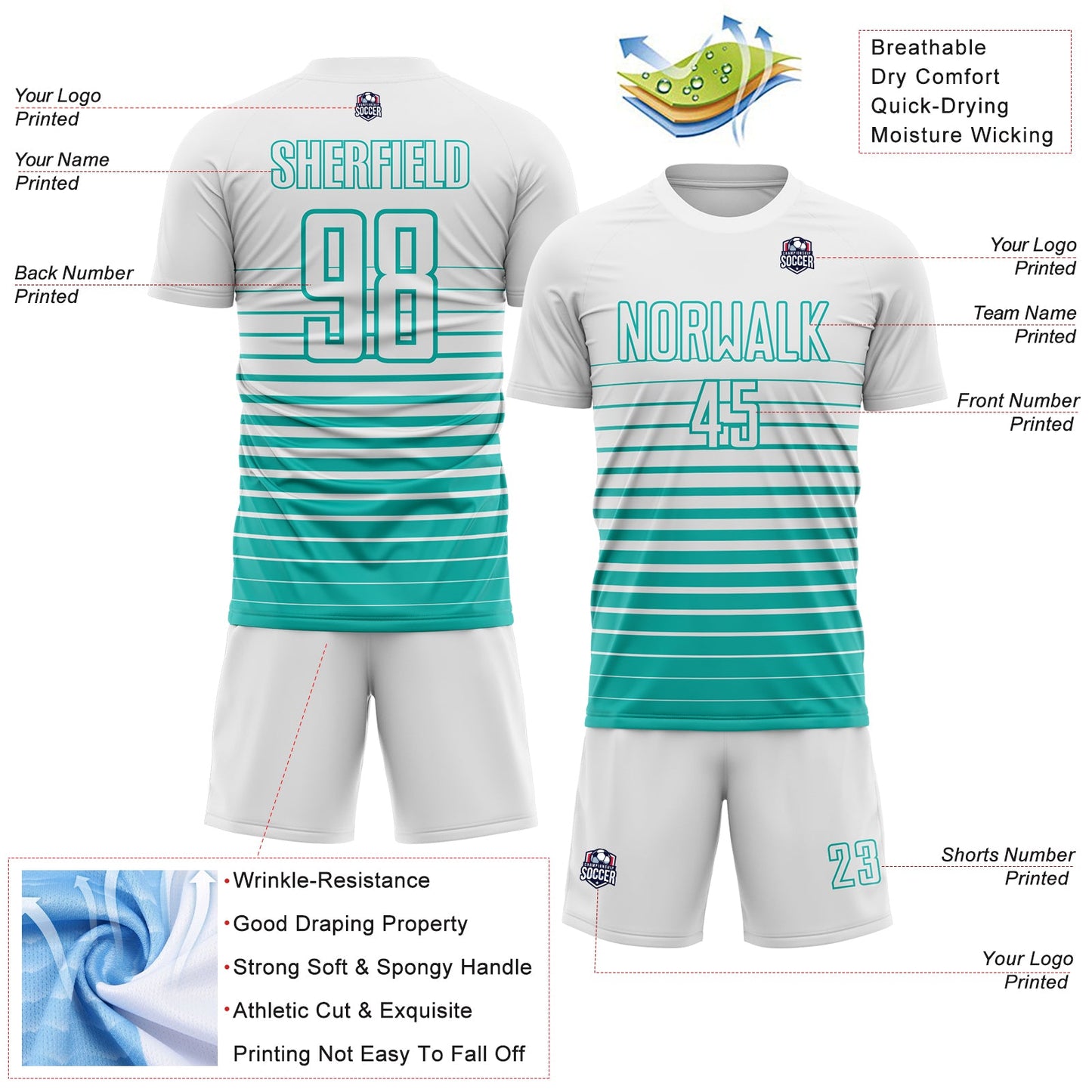 Custom White Aqua Gradient Pinstripe Sublimation Soccer Uniform Jersey view 4