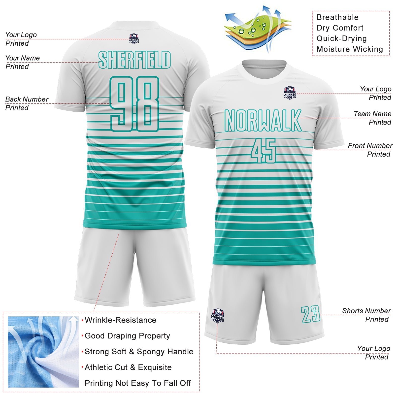 Custom White Aqua Gradient Pinstripe Sublimation Soccer Uniform Jersey view 4