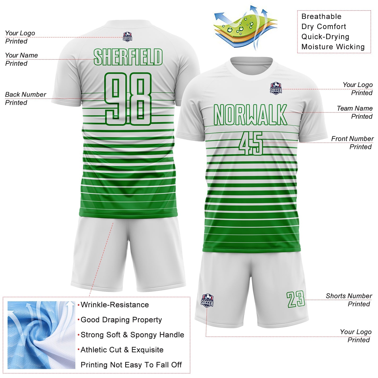 Custom White Grass Green Gradient Pinstripe Sublimation Soccer Uniform Jersey view 4