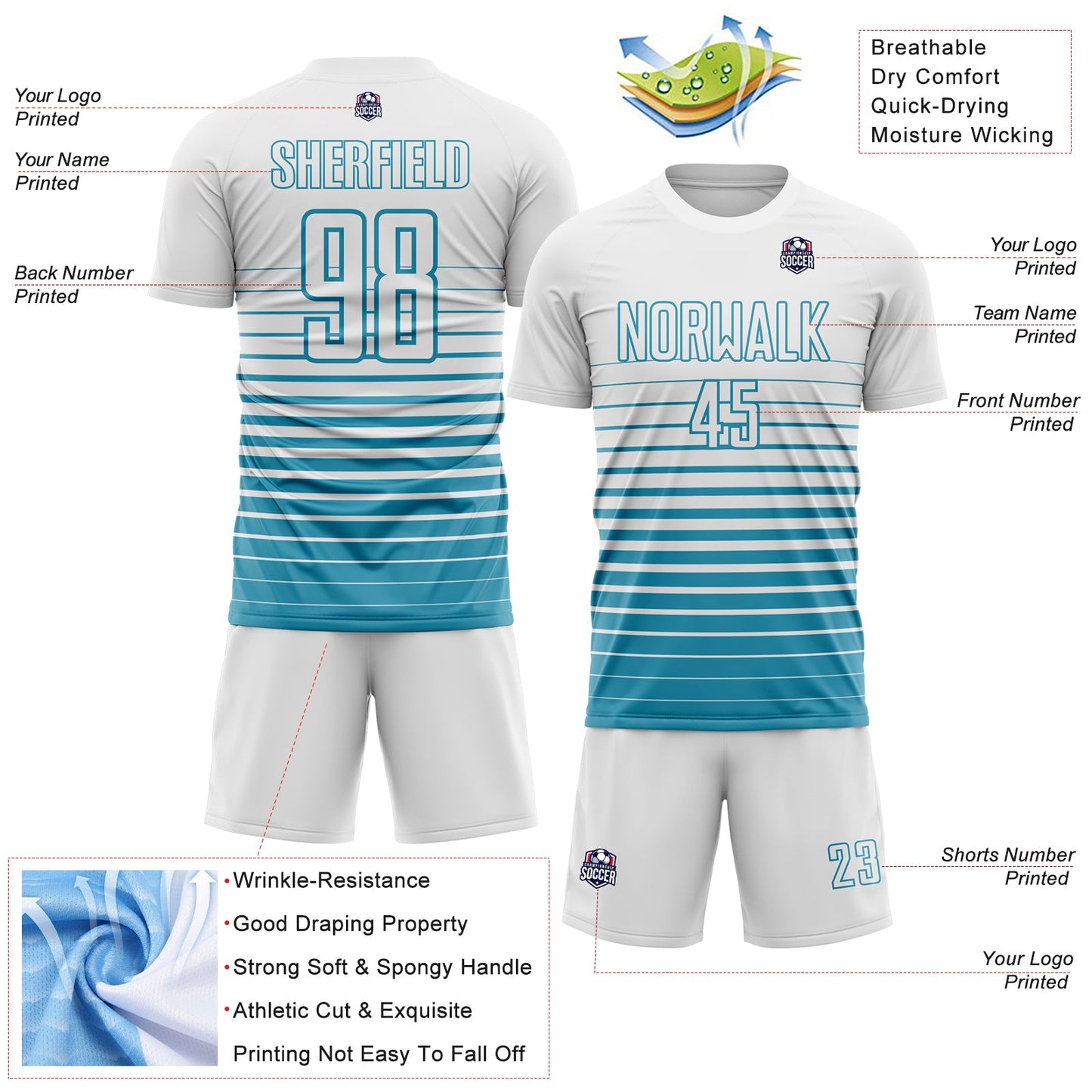 Custom White Panther Blue Gradient Pinstripe Sublimation Soccer Uniform Jersey view 4