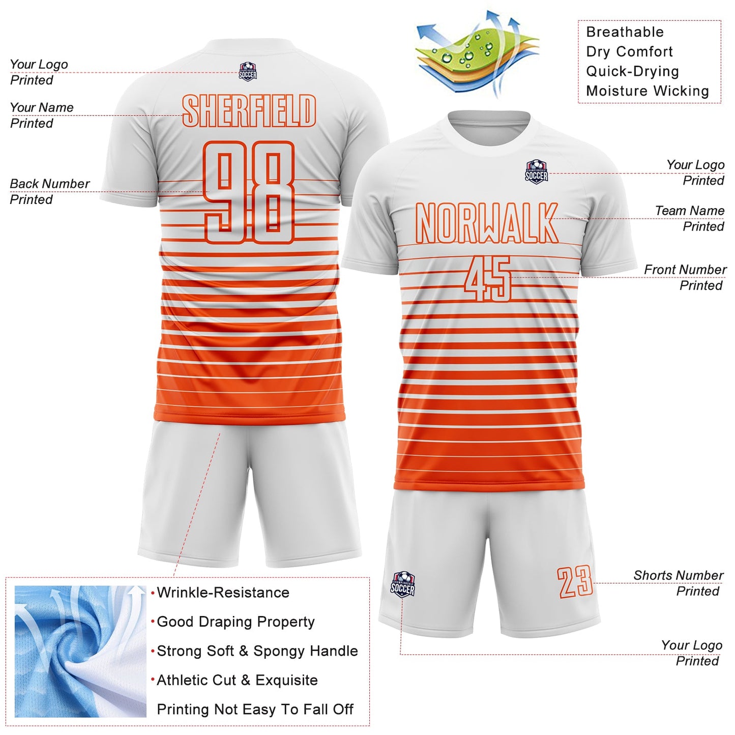 Custom White Orange Gradient Pinstripe Sublimation Soccer Uniform Jersey view 4