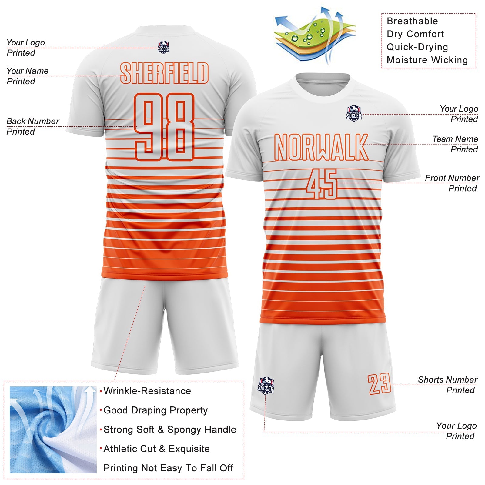 Custom White Orange Gradient Pinstripe Sublimation Soccer Uniform Jersey view 4