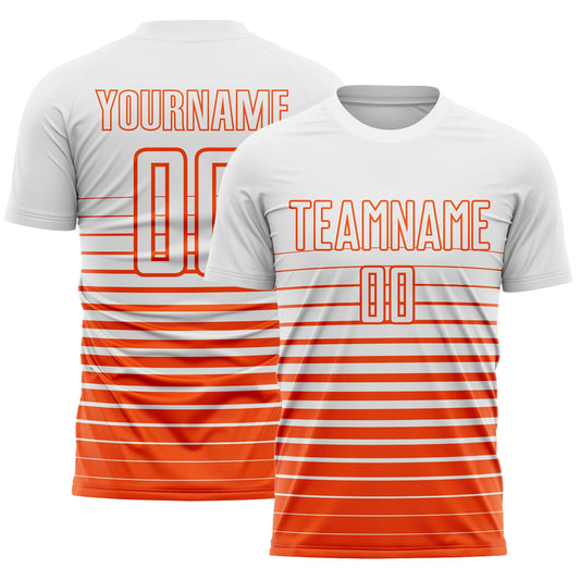 Custom White Orange Gradient Pinstripe Sublimation Soccer Uniform Jersey - Main View