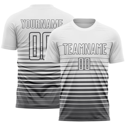 Custom White Steel Gray Gradient Pinstripe Sublimation Soccer Uniform Jersey - Main View