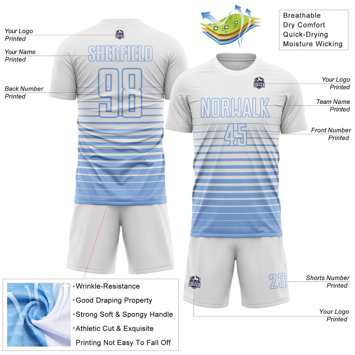 Custom White Light Blue Gradient Pinstripe Sublimation Soccer Uniform Jersey view 4