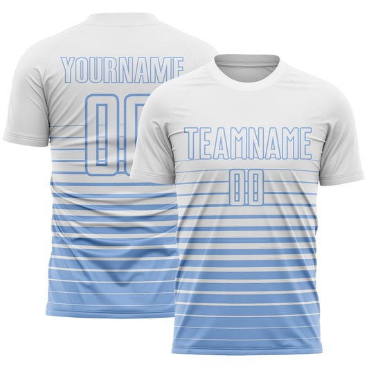 Custom White Light Blue Gradient Pinstripe Sublimation Soccer Uniform Jersey - Main View