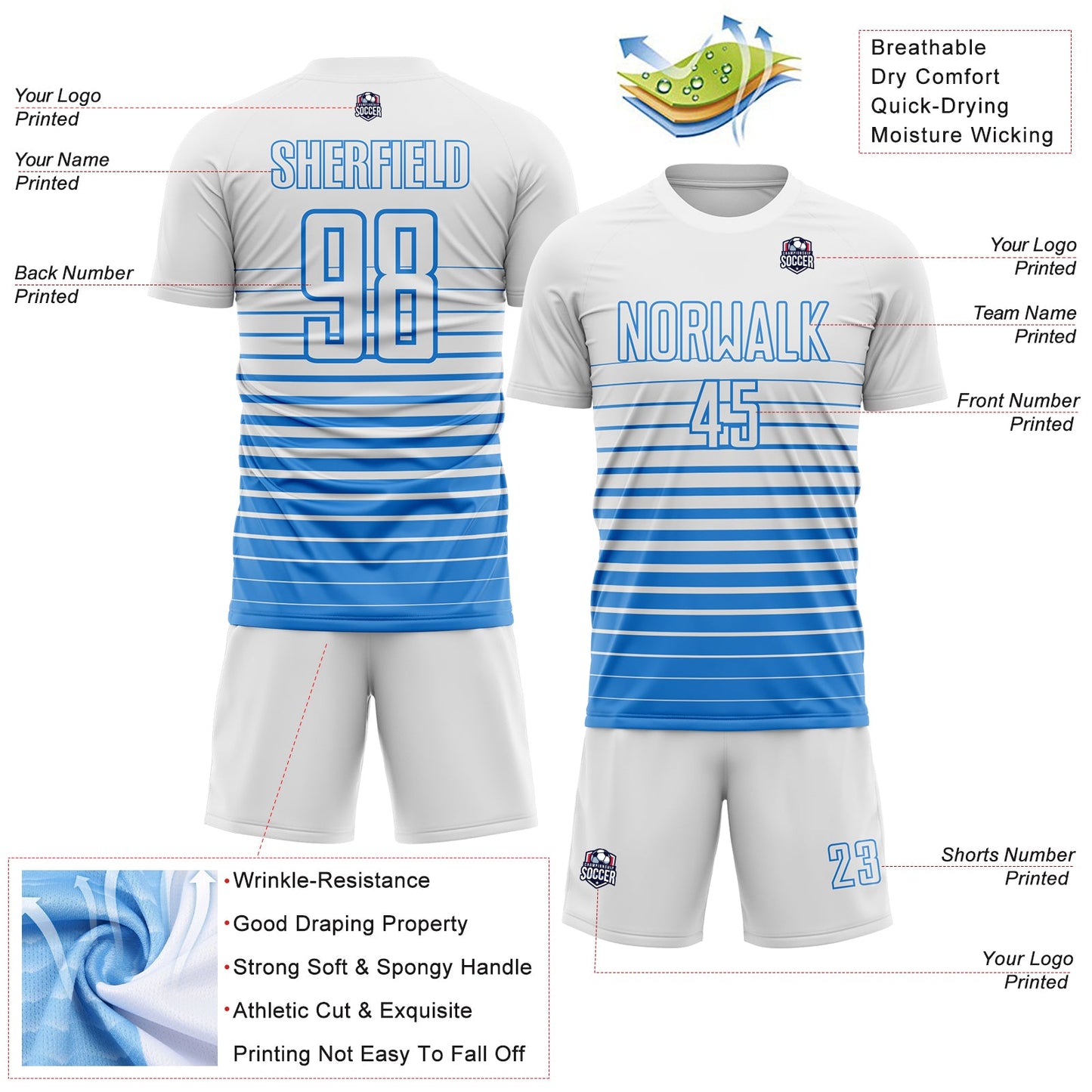 Custom White Powder Blue Gradient Pinstripe Sublimation Soccer Uniform Jersey view 4