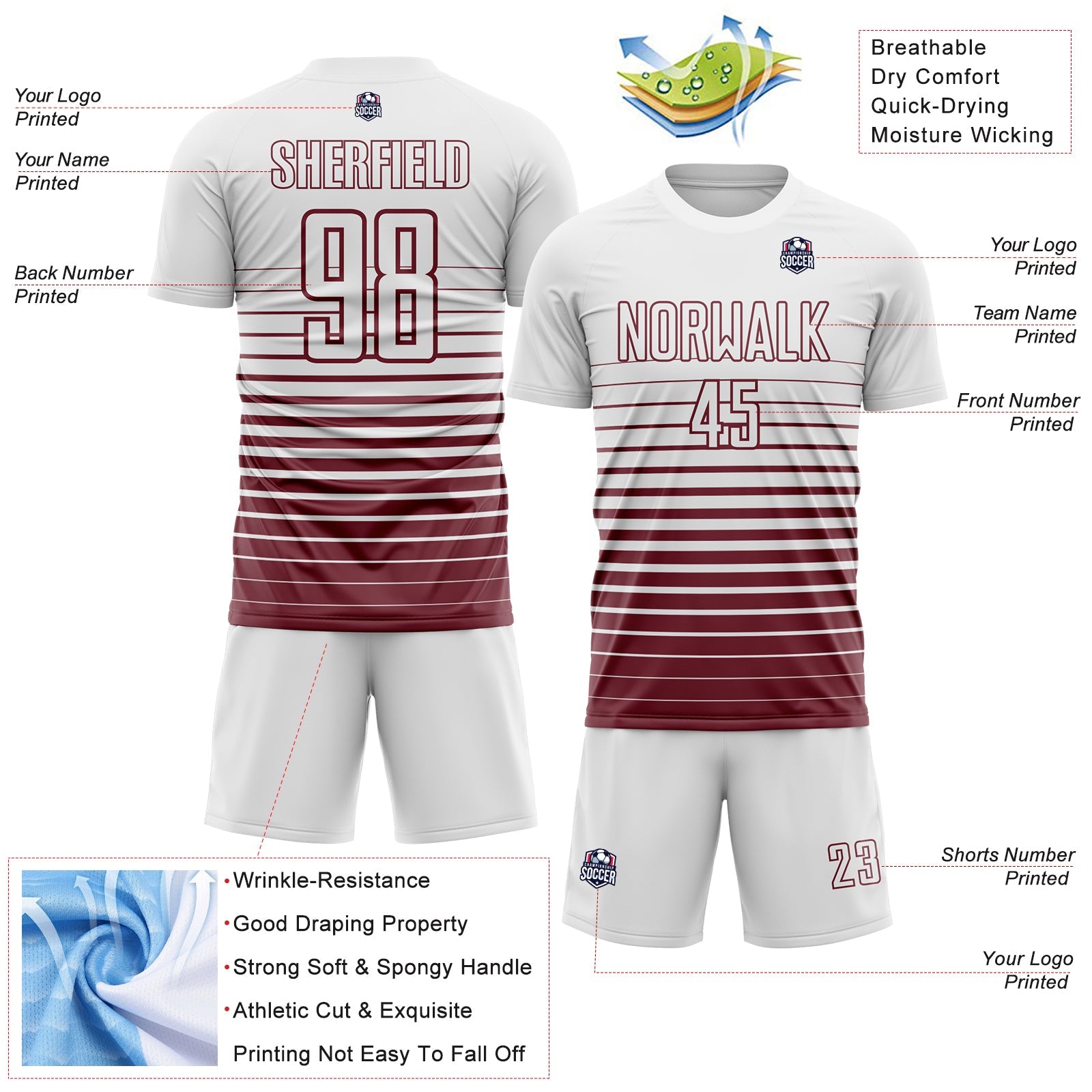 Custom White Burgundy Gradient Pinstripe Sublimation Soccer Uniform Jersey view 4