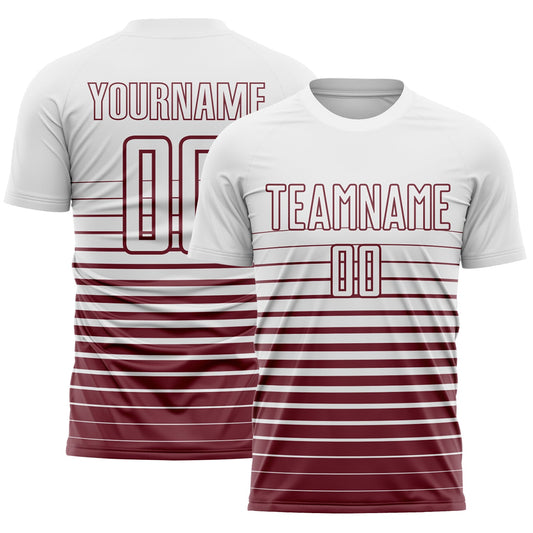 Custom White Burgundy Gradient Pinstripe Sublimation Soccer Uniform Jersey - Main View