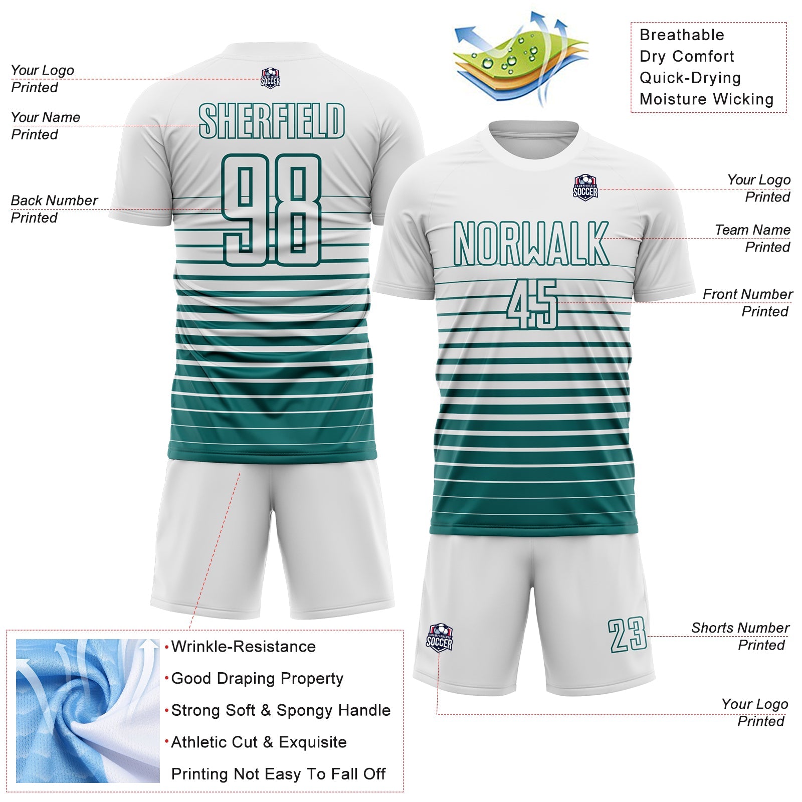 Custom White Teal Gradient Pinstripe Sublimation Soccer Uniform Jersey view 4