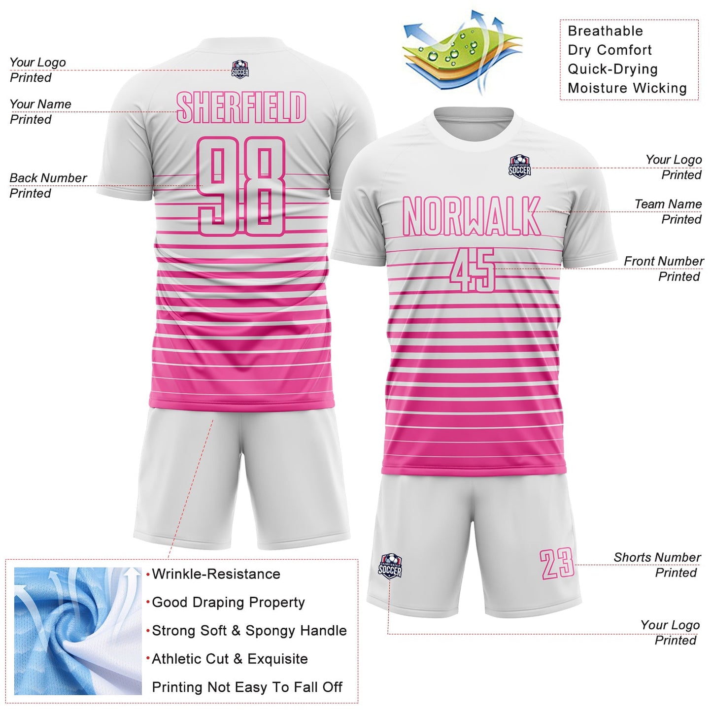Custom White Pink Gradient Pinstripe Sublimation Soccer Uniform Jersey view 4