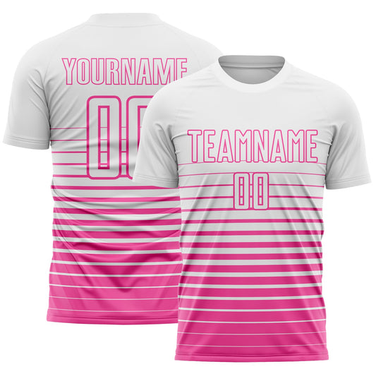 Custom White Pink Gradient Pinstripe Sublimation Soccer Uniform Jersey - Main View