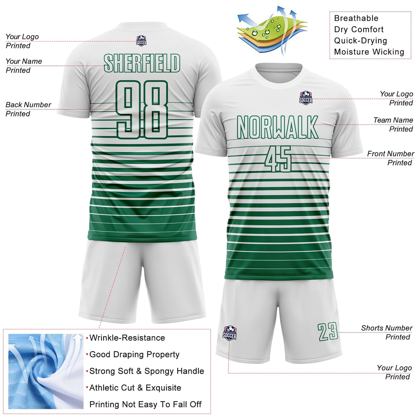 Custom White Kelly Green Gradient Pinstripe Sublimation Soccer Uniform Jersey view 4
