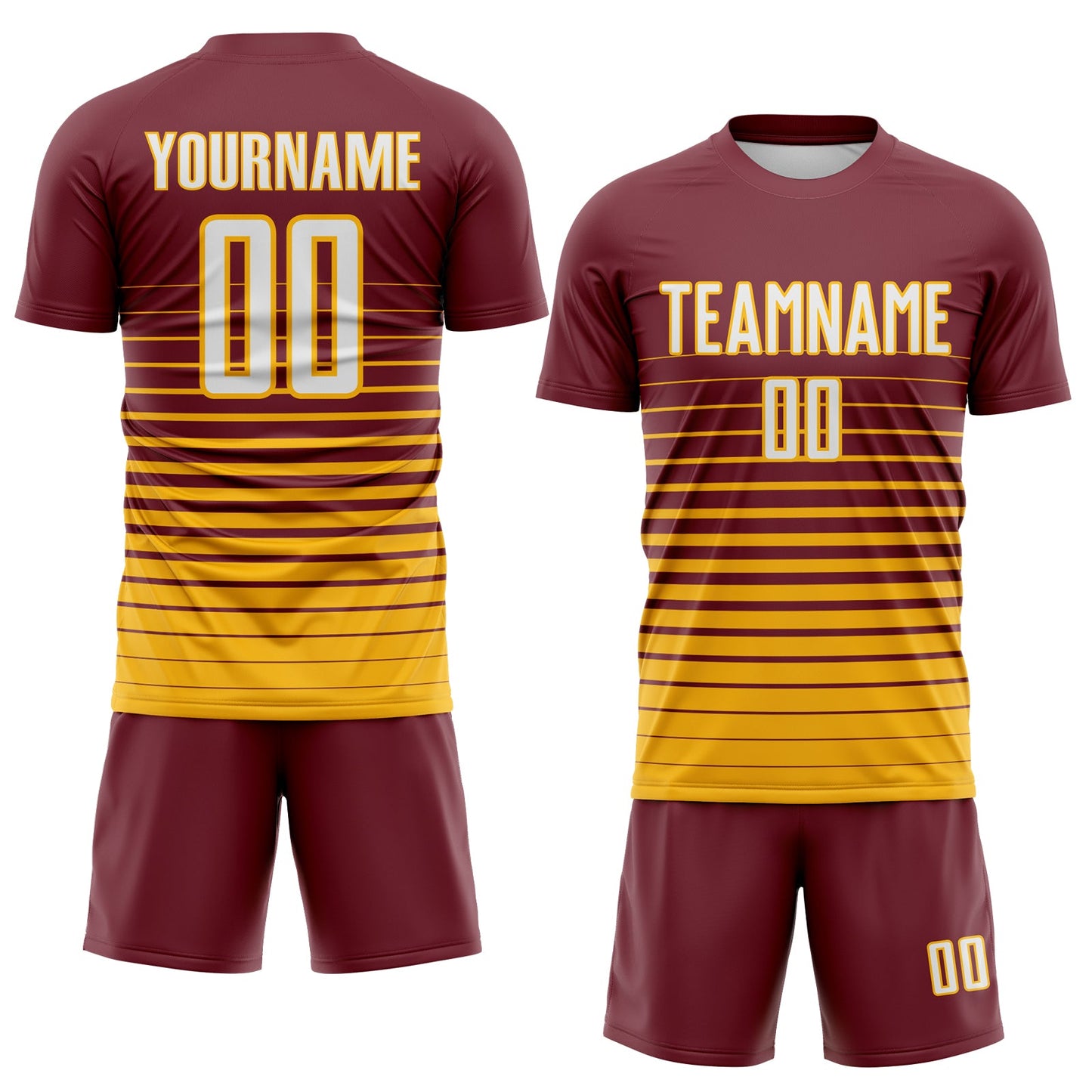 Custom Burgundy White-Gold Gradient Pinstripe Sublimation Soccer Uniform Jersey view 2