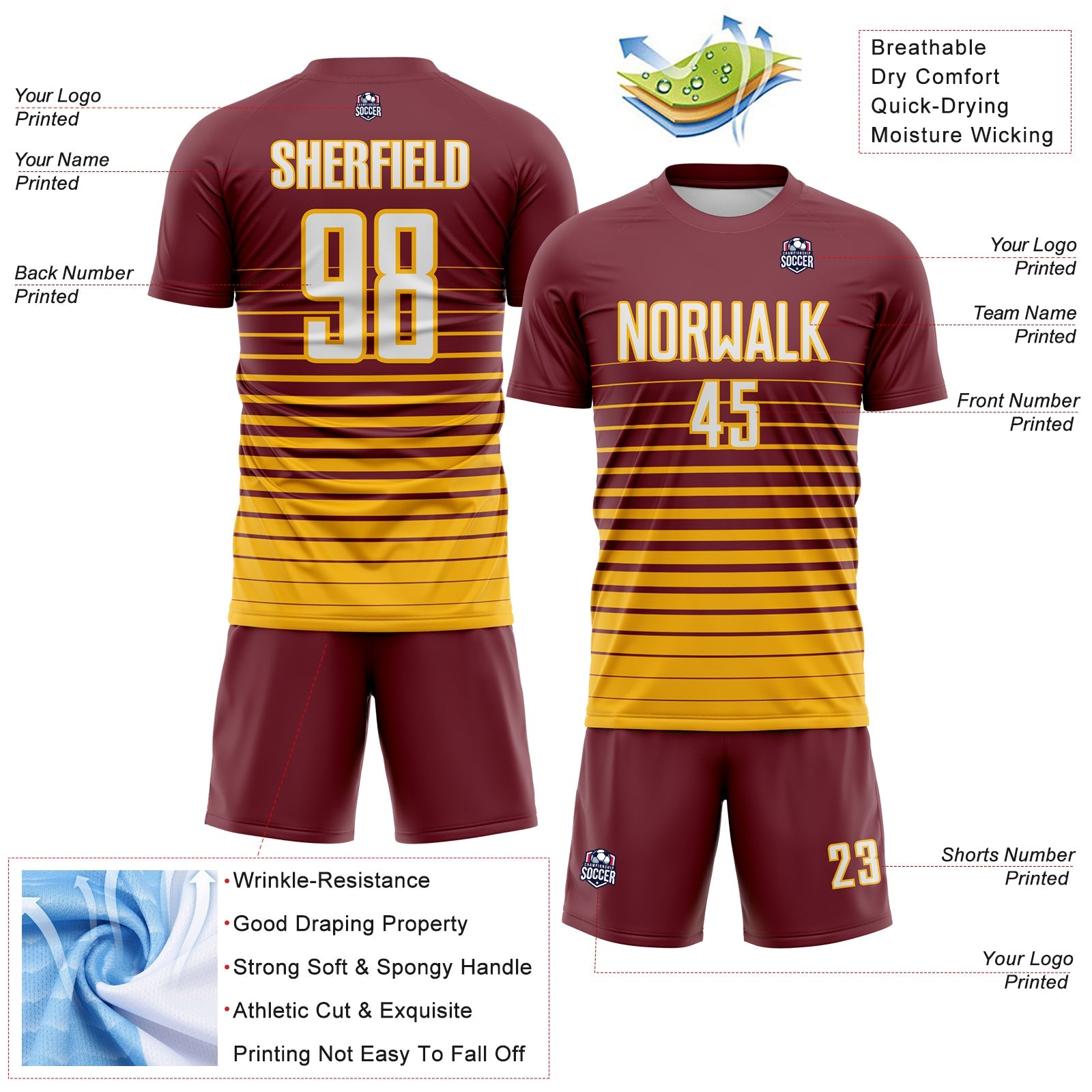 Custom Burgundy White-Gold Gradient Pinstripe Sublimation Soccer Uniform Jersey view 4