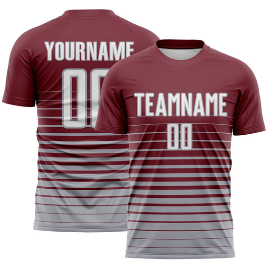 Custom Burgundy White-Gray Gradient Pinstripe Sublimation Soccer Uniform Jersey - Main View