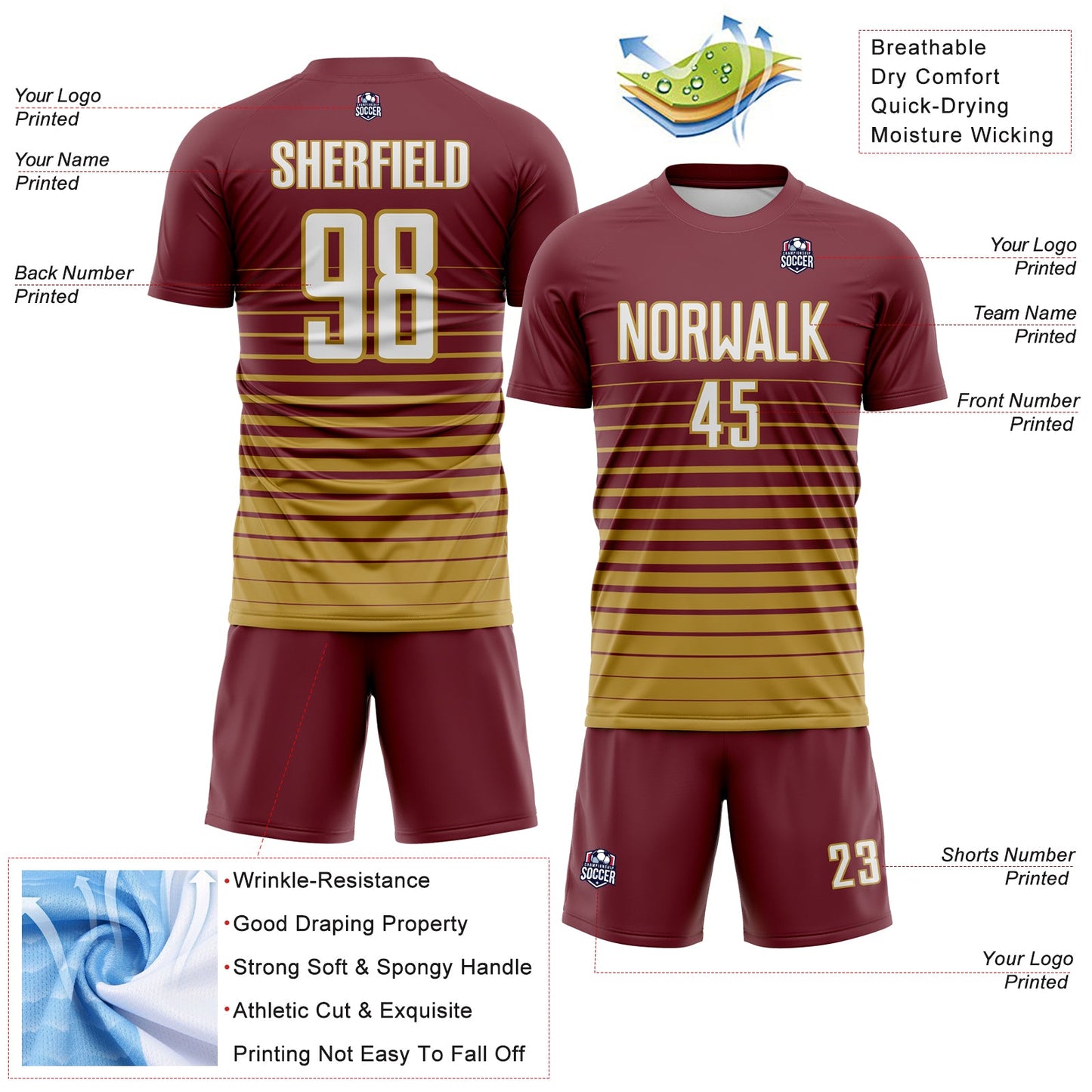 Custom Burgundy White-Old Gold Gradient Pinstripe Sublimation Soccer Uniform Jersey view 4
