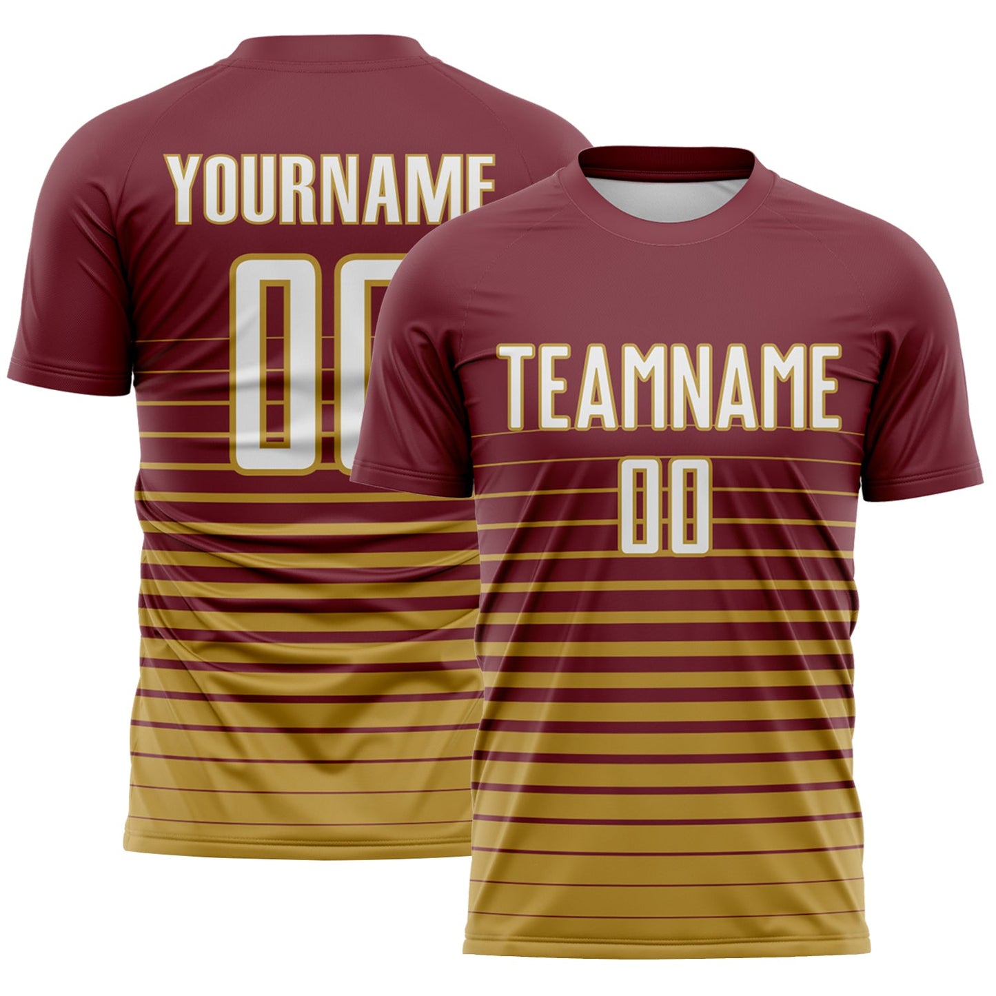 Custom Burgundy White-Old Gold Gradient Pinstripe Sublimation Soccer Uniform Jersey - Main View